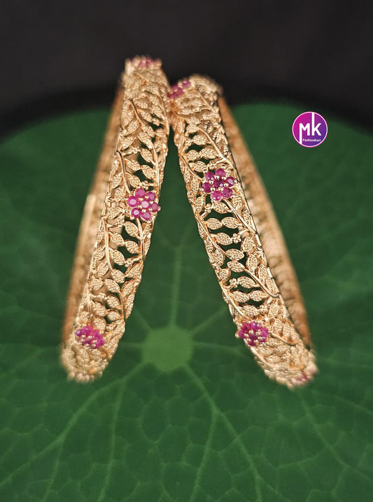 Gold Finish flower design Premium Quality AD stone Bangles - Set of 2 bangles - Size 2.6 and 2.8 - Fashion Jewelry - MK Fashionkart