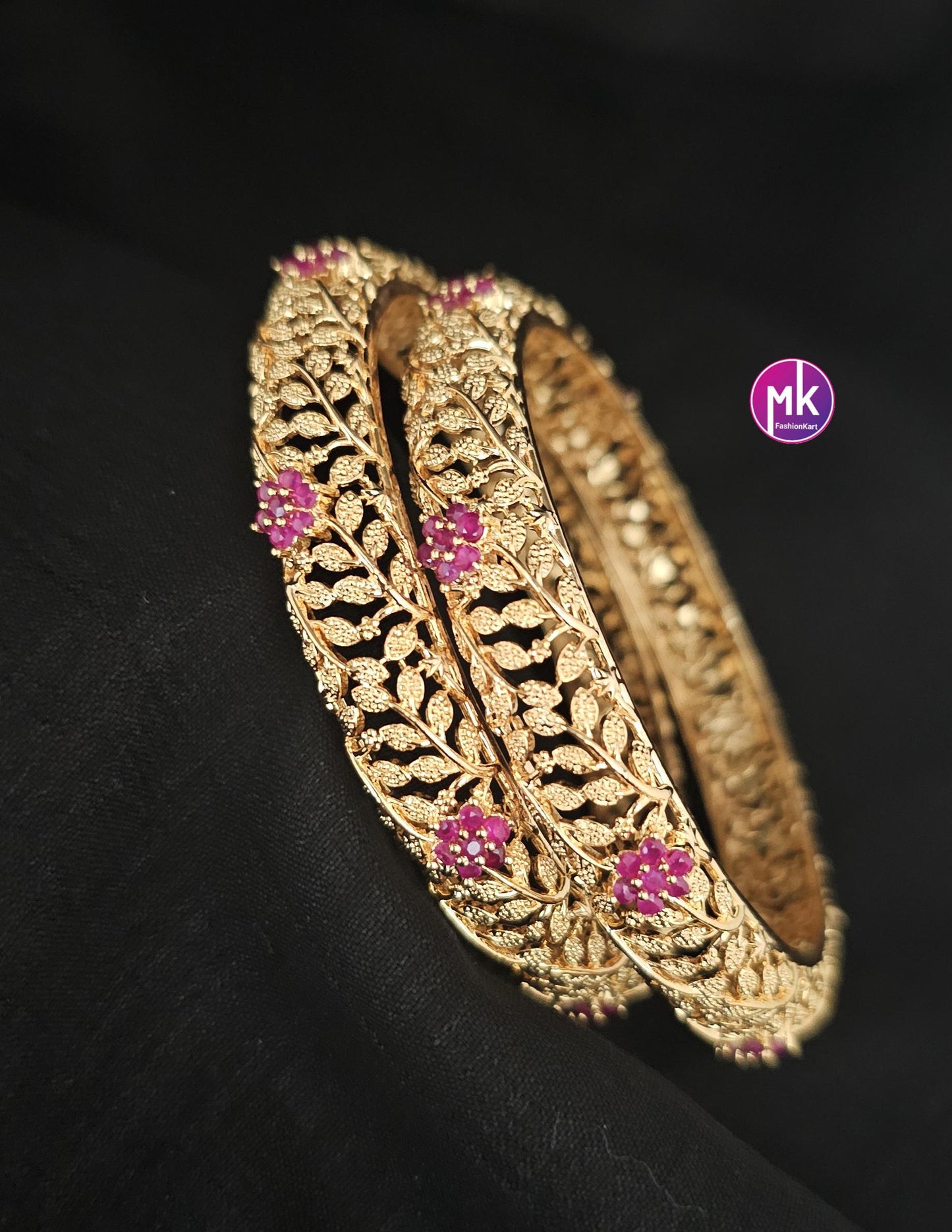 Gold Finish flower design Premium Quality AD stone Bangles - Set of 2 bangles - Size 2.6 and 2.8 - Fashion Jewelry - MK Fashionkart