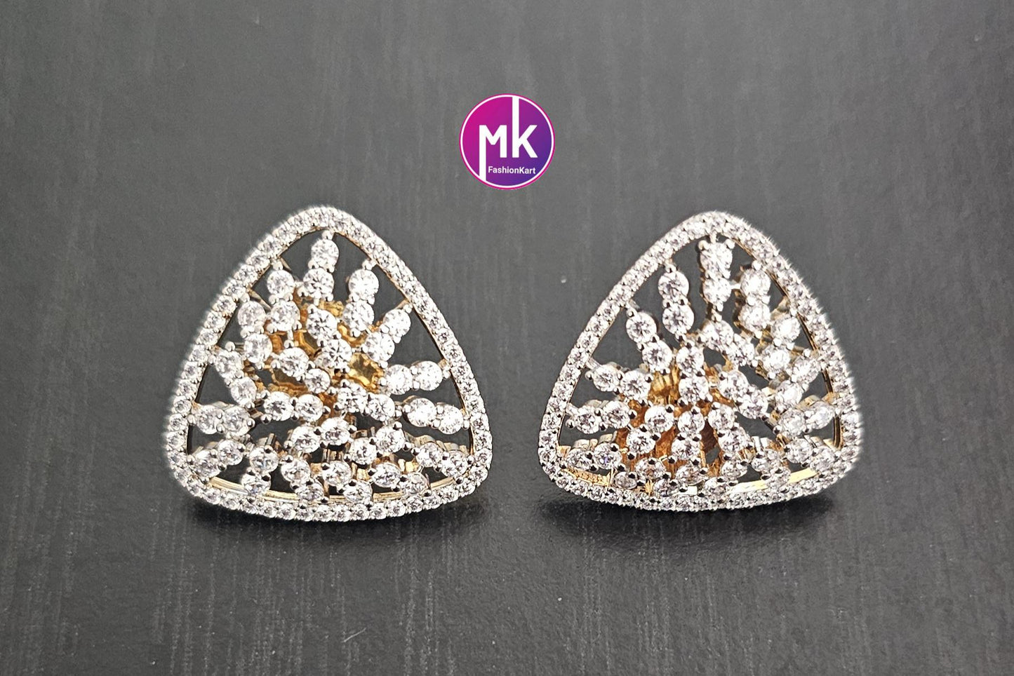 Trendy Triangle Shape Gold finish/Silver finish AD and CZ stone Earrings - Partywear Earrings - MK Fashionkart - Fashion Jewelry