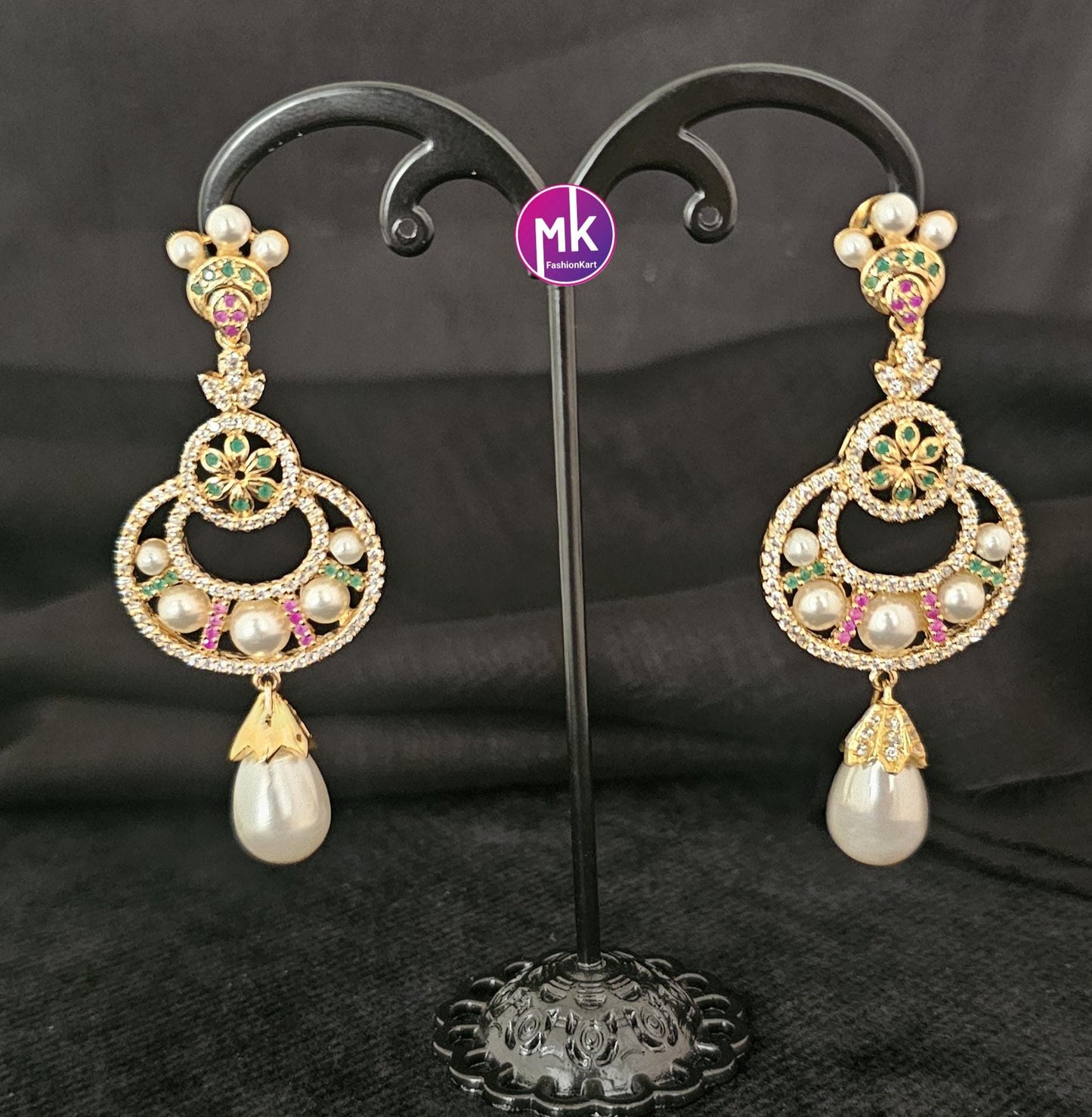 Premium Quality Hyderabad pearl gold finish AD stones Earrings with hanging pearl - Wedding Earrings - MK Fashionkart - Fashion Jewelry
