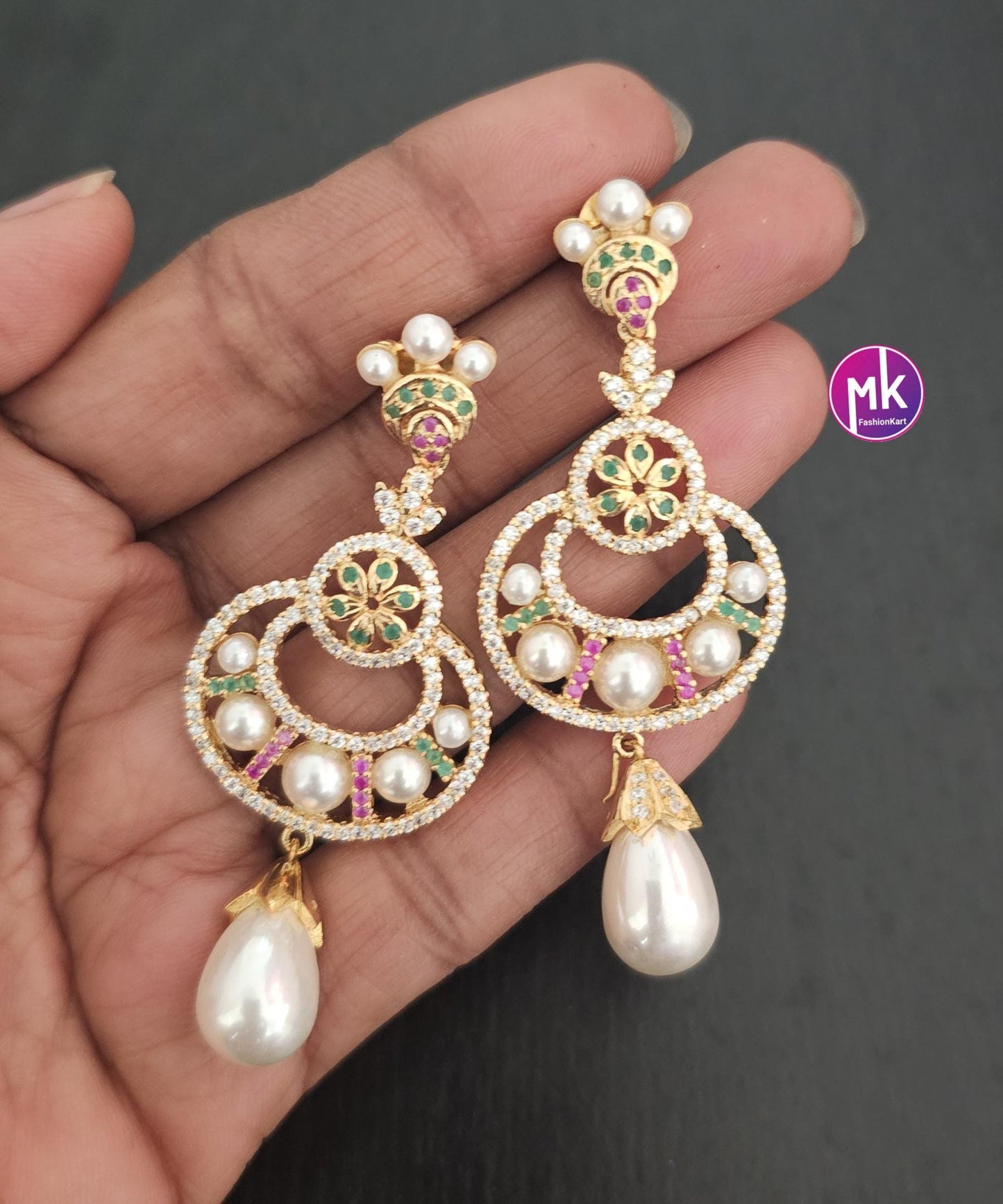 Premium Quality Hyderabad pearl gold finish AD stones Earrings with hanging pearl - Wedding Earrings - MK Fashionkart - Fashion Jewelry