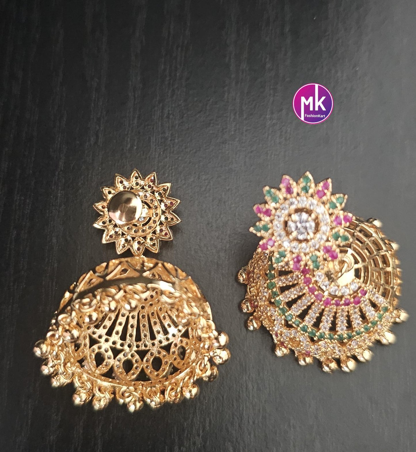 Premium Quality Flower Design Gold finish big Jhumka with CZ/AD Stones - Wedding Jhumka - Bridal Jhumka - MK Fashionkart - Fashion Jewelry