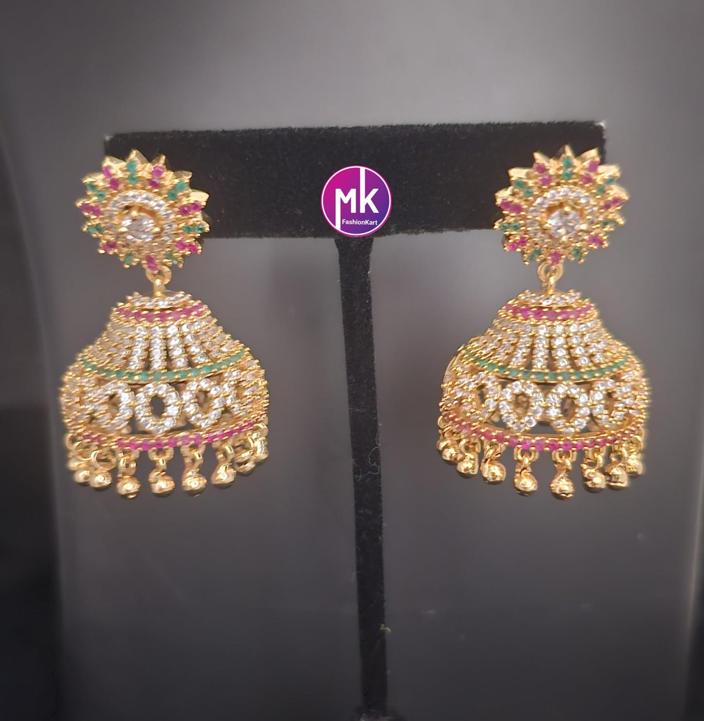 Premium Quality Flower Design Gold finish big Jhumka with CZ/AD Stones - Wedding Jhumka - Bridal Jhumka - MK Fashionkart - Fashion Jewelry