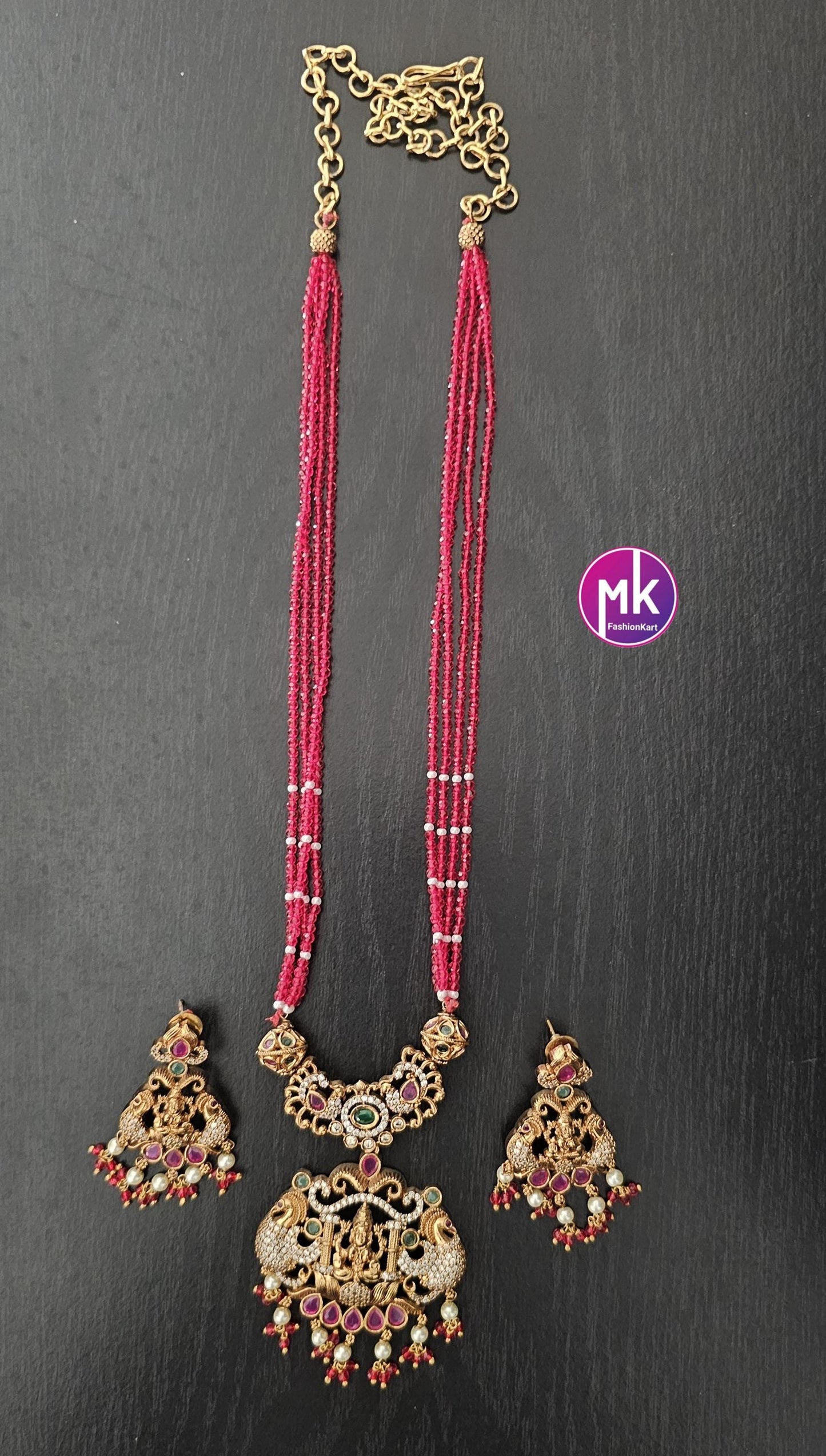 Lakshmi Peacock Premium Quality Pendent with Multi-layer crystals beads long mala with Beautiful Earrings - Bead Necklace - MK Fashionkart
