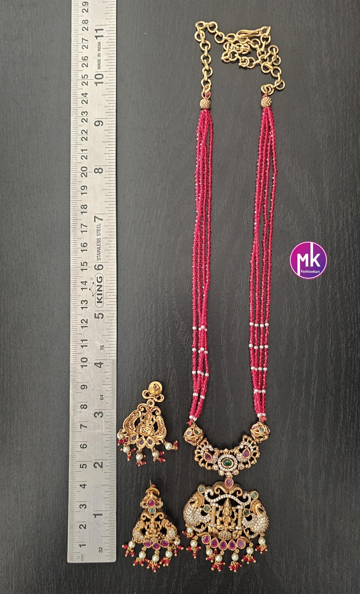 Lakshmi Peacock Premium Quality Pendent with Multi-layer crystals beads long mala with Beautiful Earrings - Bead Necklace - MK Fashionkart
