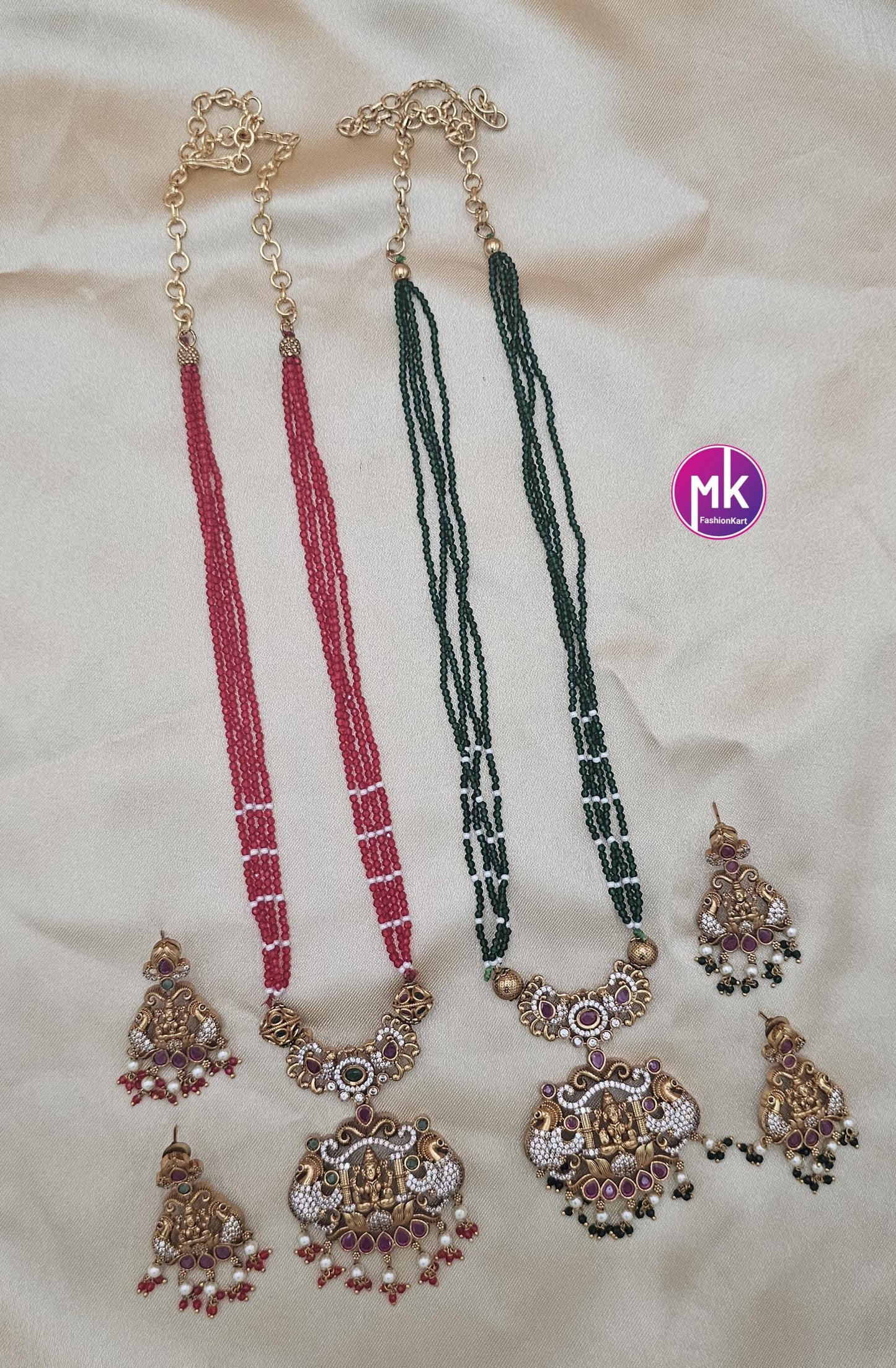 Lakshmi Peacock Premium Quality Pendent with Multi-layer crystals beads long mala with Beautiful Earrings - Bead Necklace - MK Fashionkart