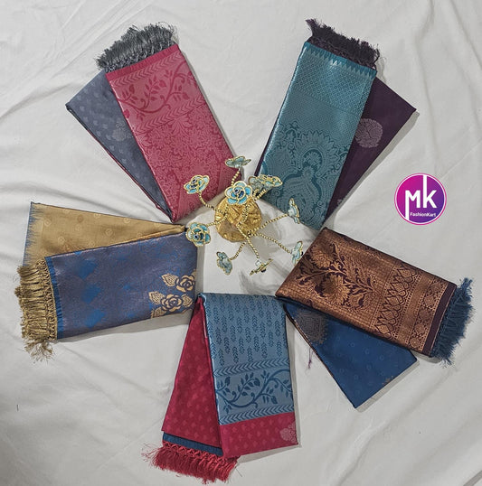 Soft Silk Fancy Saree - Exclusive soft silk kanchipuram designs - Saree w running blouse - Vibrant Color Combination Sarees - MK Fashionkart