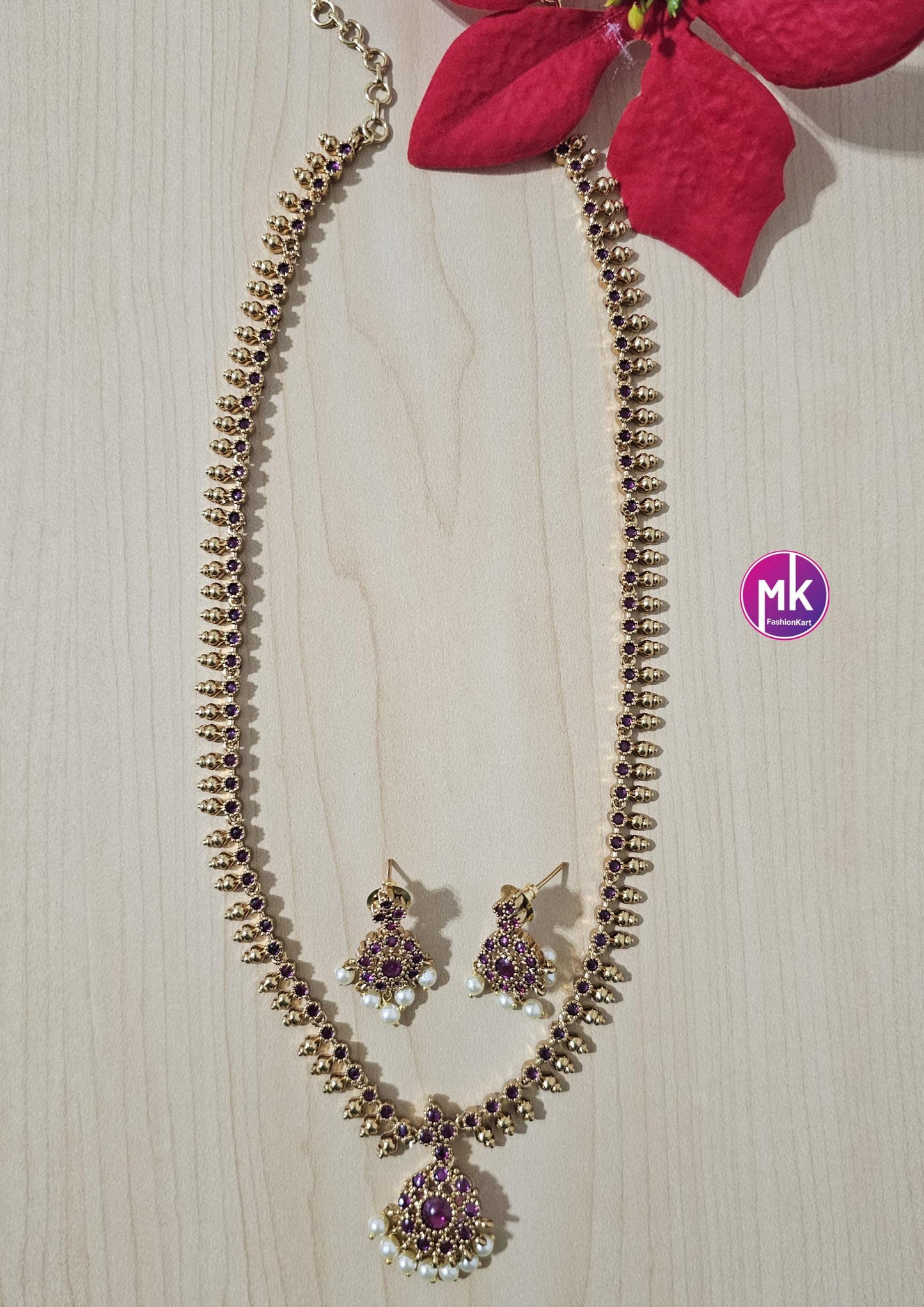 Premium quality Matte gold finish AD Pink stone Simple Haram with cute Earrings - Traditional Jewelry - MK Fashionkart