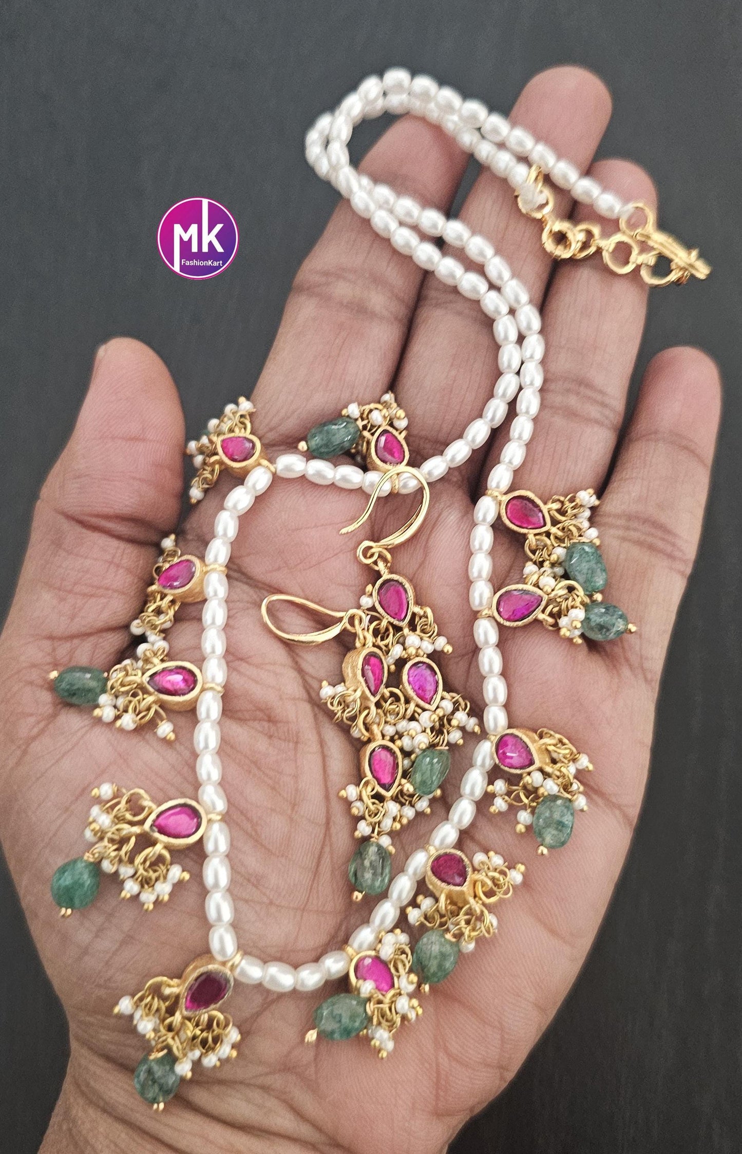 Jadau Kundan handmade Necklace with pearls and matching cute Earrings - Lite weight Jewelry - Fashion Jewelry - MK Fashionkart