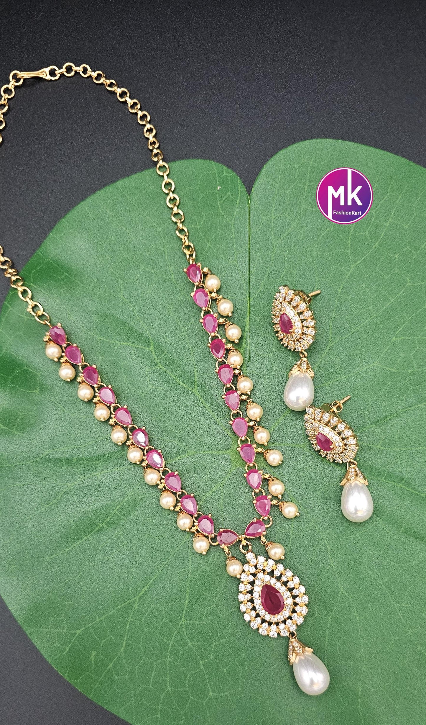Premium gold finish AD Ruby stone necklace w matching Earrings hanging hyderabad pearl - Mom and Daughter - Fashion Jewelry - MK Fashionkart