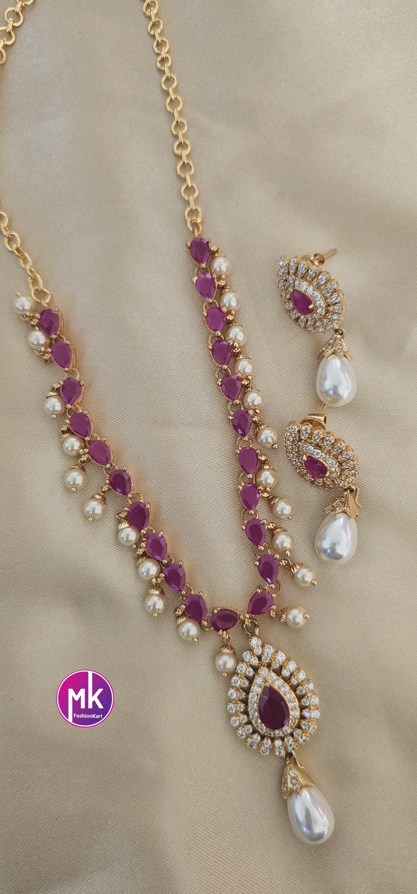 Premium gold finish AD Ruby stone necklace w matching Earrings hanging hyderabad pearl - Mom and Daughter - Fashion Jewelry - MK Fashionkart