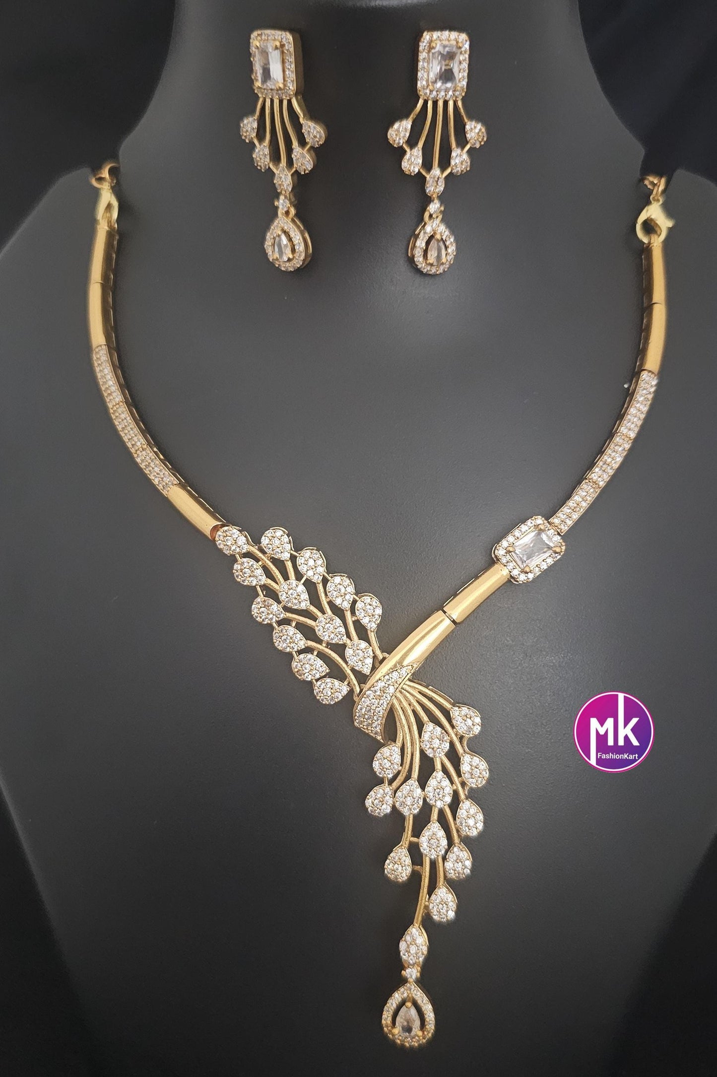 Stunning collection of peacock feather design Hasli AD stone necklace with matching Earrings - Fashion Jewelry - MK Fashionkart