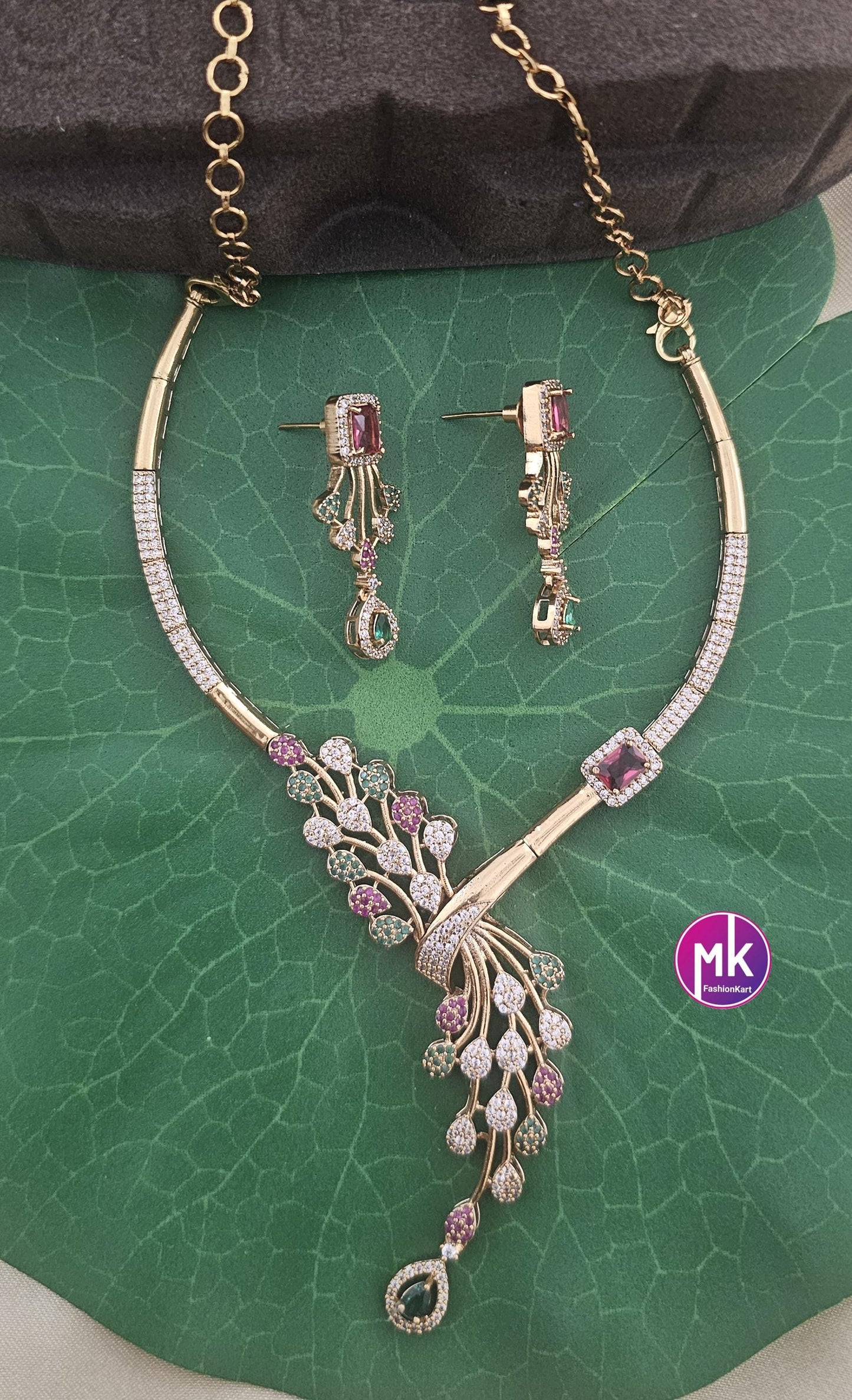 Stunning collection of peacock feather design Hasli AD stone necklace with matching Earrings - Fashion Jewelry - MK Fashionkart