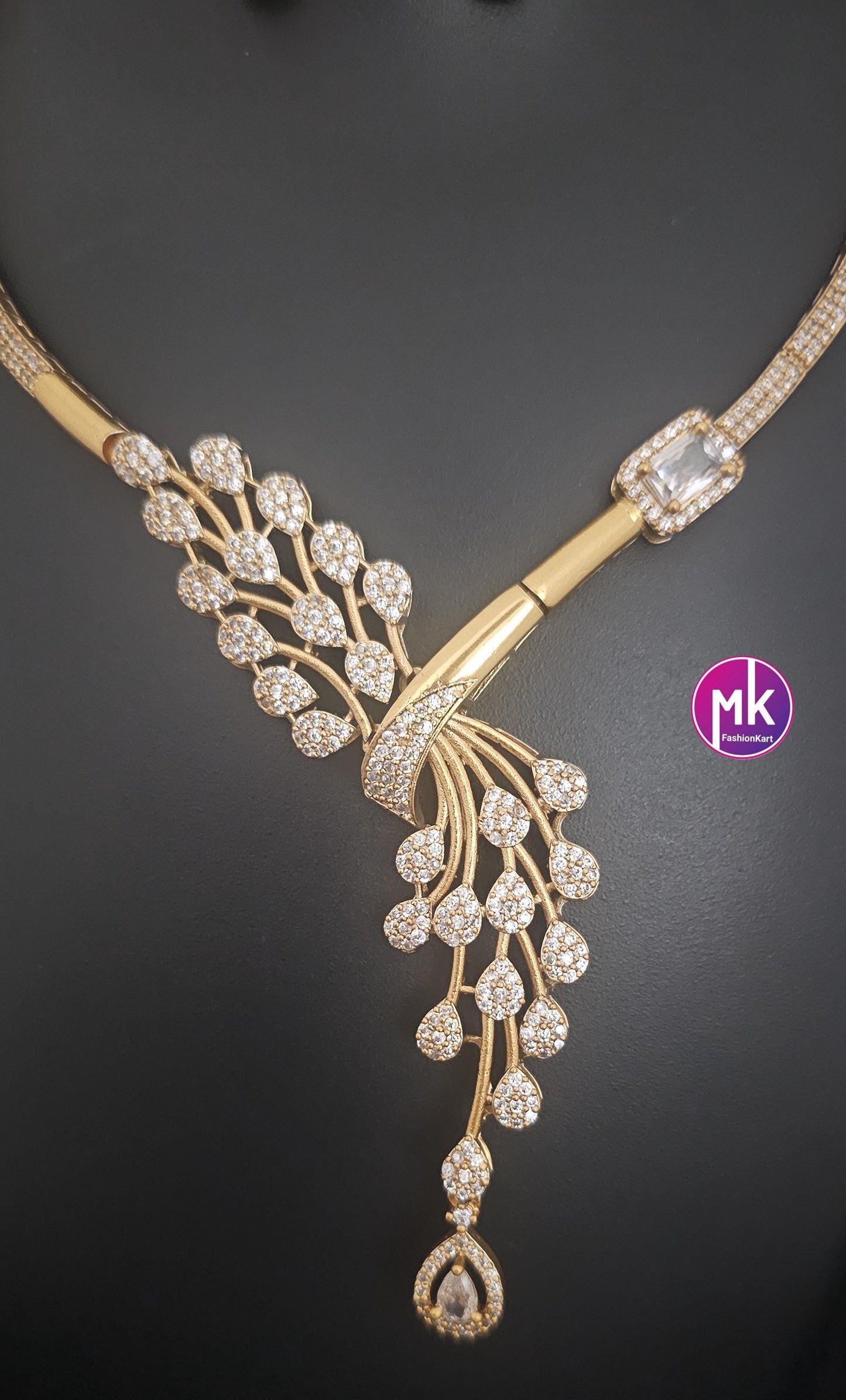 Stunning collection of peacock feather design Hasli AD stone necklace with matching Earrings - Fashion Jewelry - MK Fashionkart