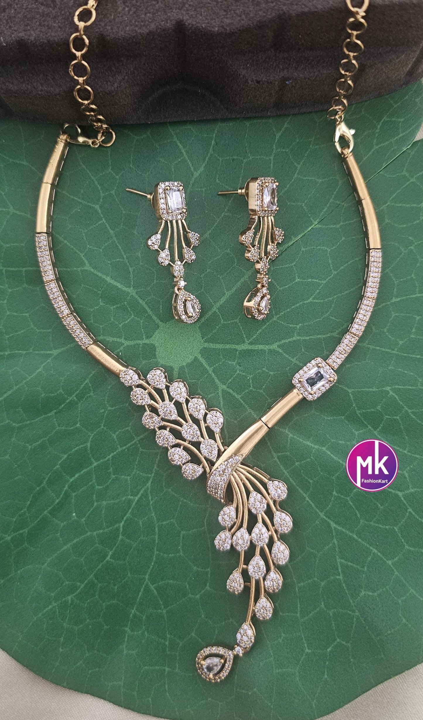 Stunning collection of peacock feather design Hasli AD stone necklace with matching Earrings - Fashion Jewelry - MK Fashionkart