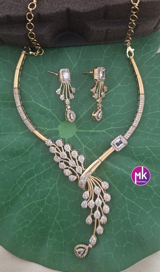 Stunning collection of peacock feather design Hasli AD stone necklace with matching Earrings - Fashion Jewelry - MK Fashionkart