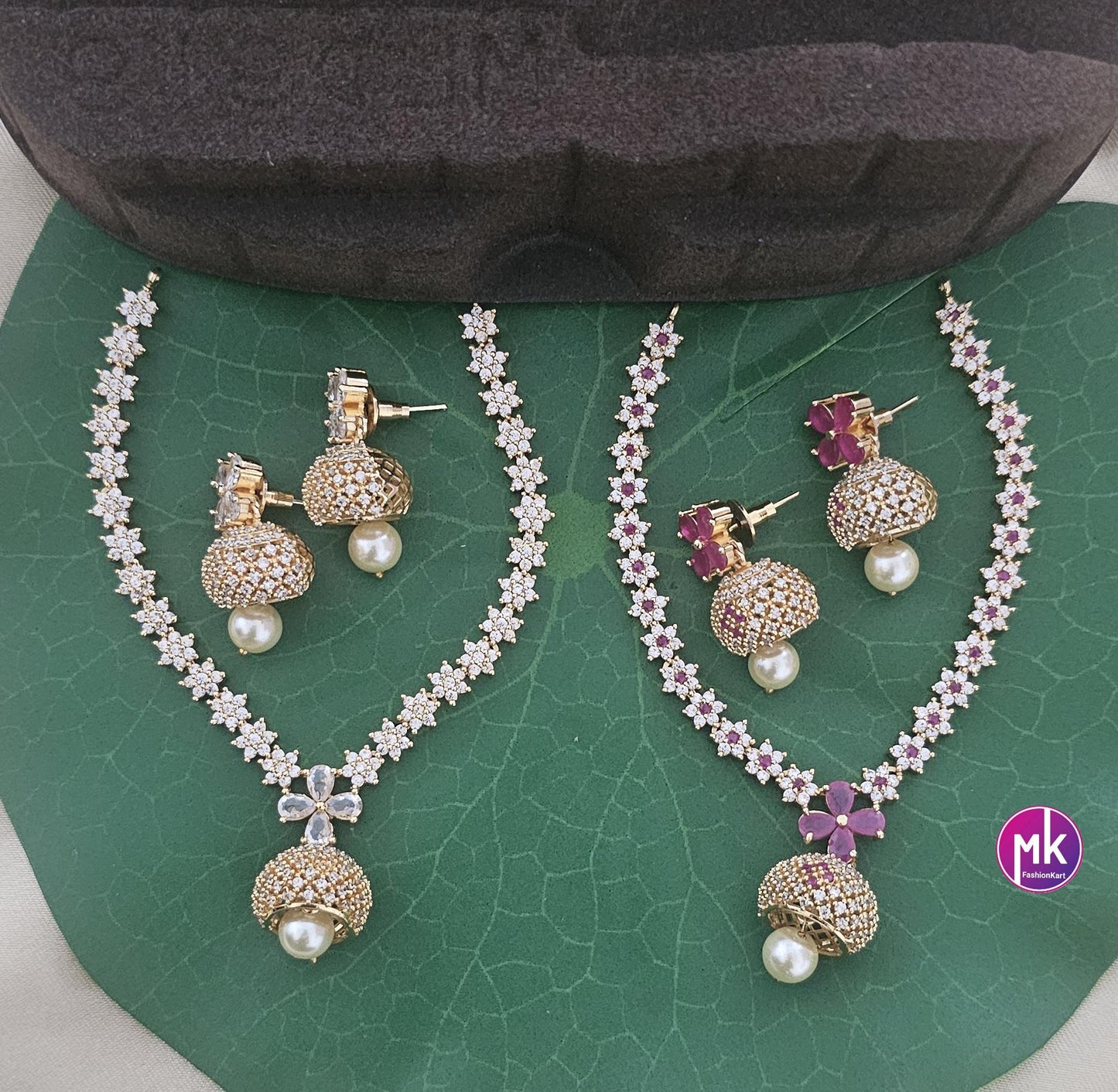 CZ and AD Stone Premium Gold Finish flower design Necklace with matching Jhumka - Mom Daughter Necklace - Fashion Jewelry - MK Fashionkart