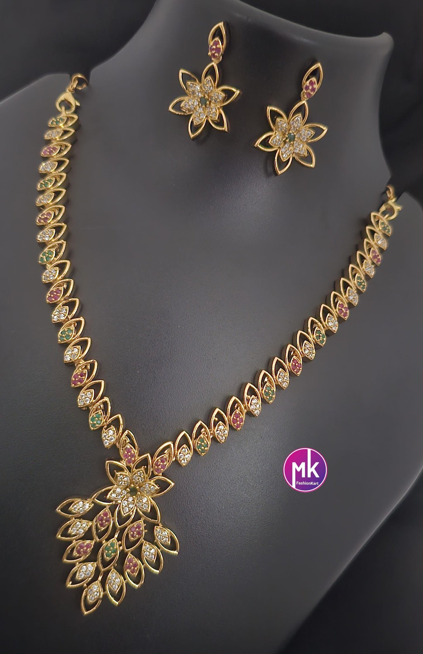 Beautiful flower design AD stone necklace with matching flower Earrings - Mom and Daughter Necklace - Fashion Jewelry - MK Fashionkart