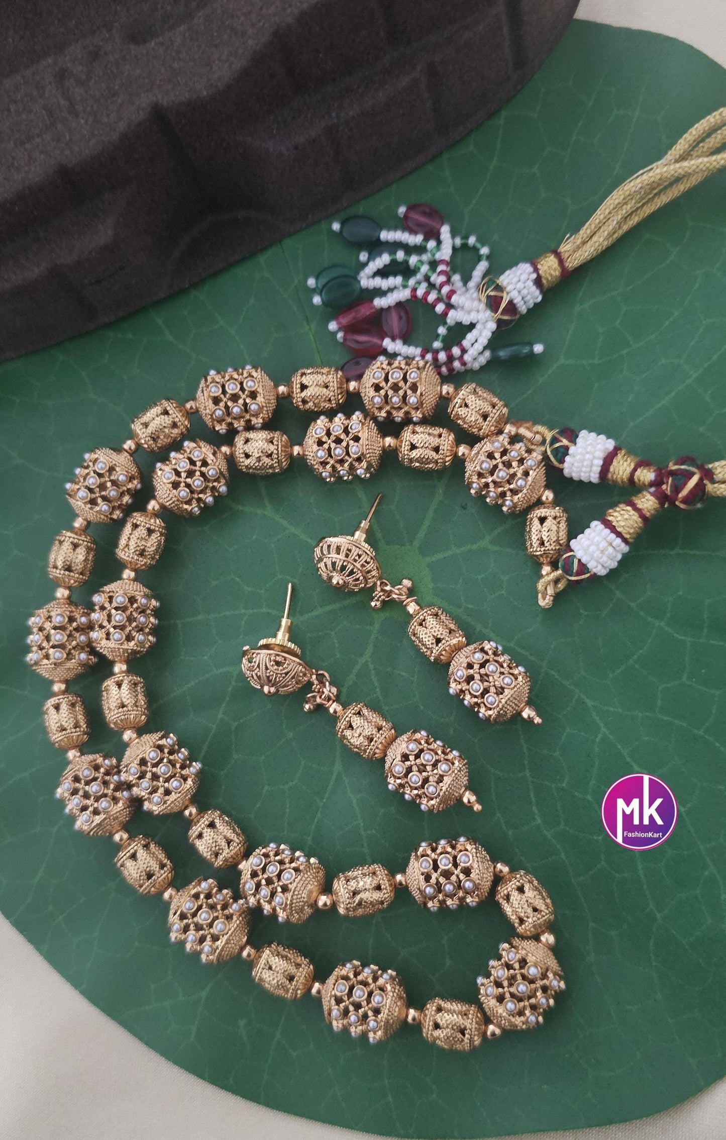 Beautiful contemporary Matte finish bead mala chain with matching Earrings - Fashion Jewelry - Partywear Chain set - MK Fashionkart