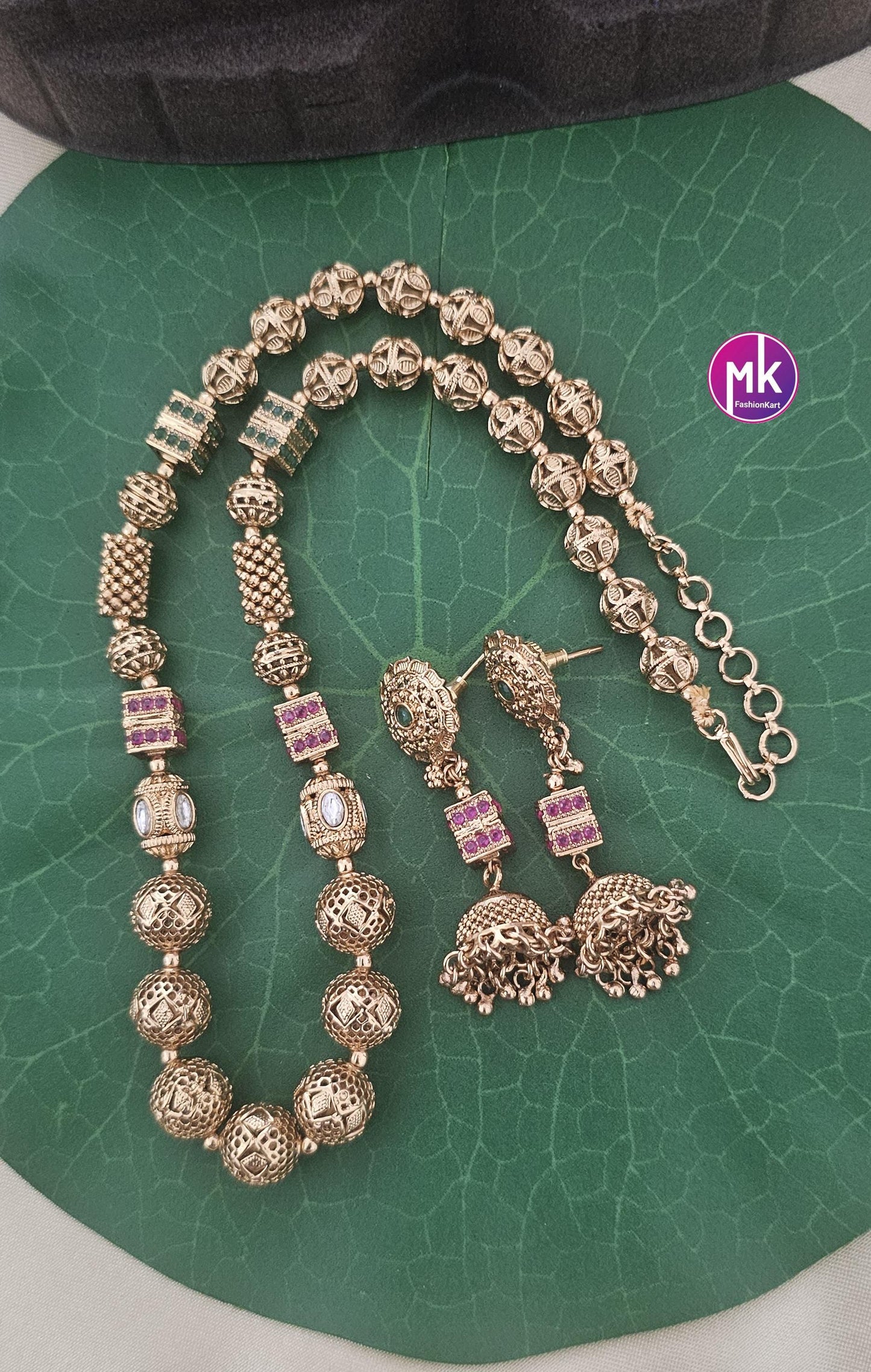Beautiful contemporary Matte finish bead mala chain with matching Earrings - Fashion Jewelry - Partywear Chain set - MK Fashionkart