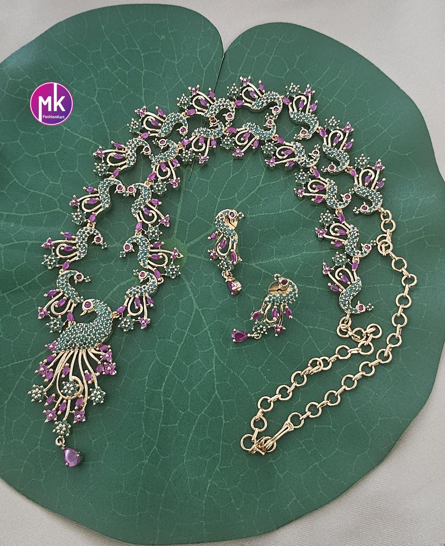 Peacock design Emerald and Ruby AD stone Premium Gold Finish Haram with matching Earrings - Fashion Jewelry - MK Fashionkart