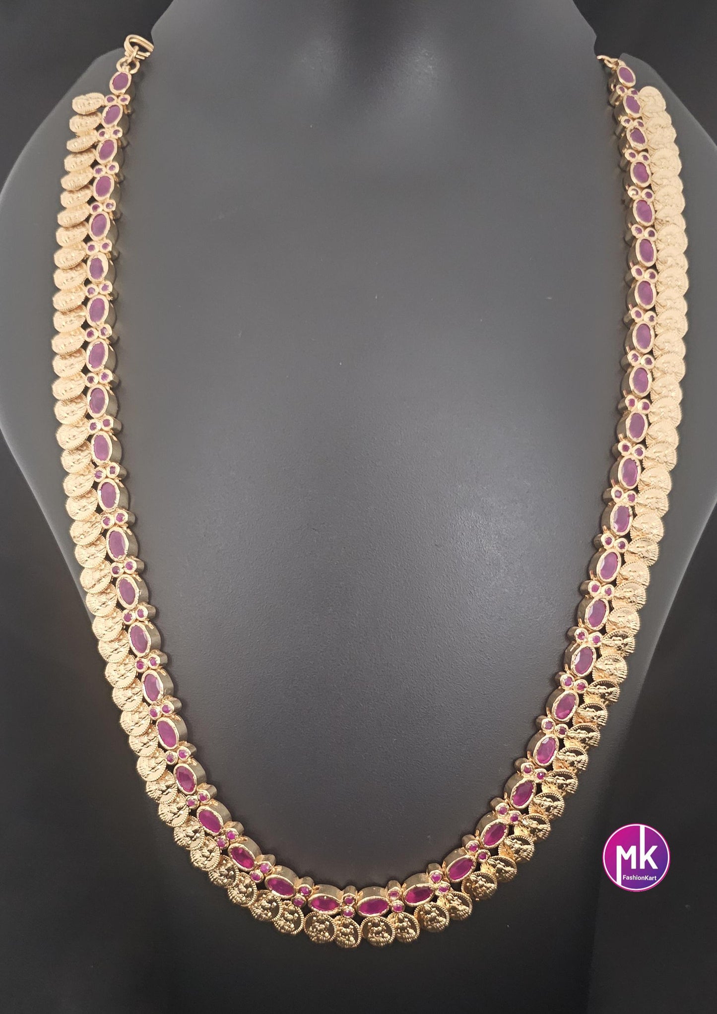 Premium quality Lakshmi Kasu Gold finish Ruby AD Stone Haram - Gold Haram Replica - Indian Fashion Jewelry - MK Fashionkart