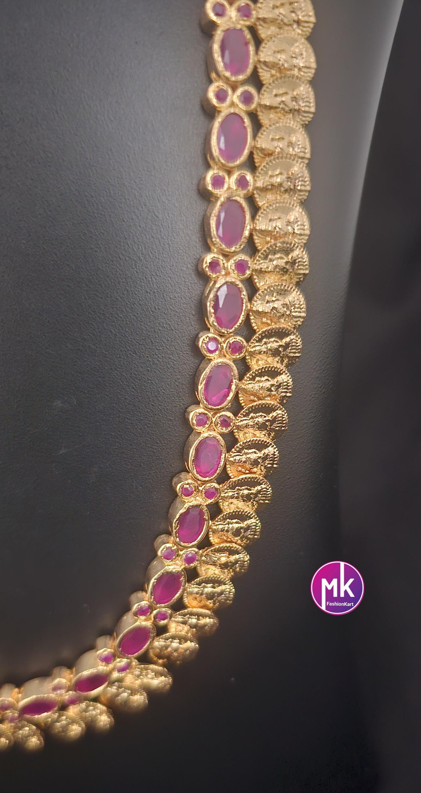 Premium quality Lakshmi Kasu Gold finish Ruby AD Stone Haram - Gold Haram Replica - Indian Fashion Jewelry - MK Fashionkart