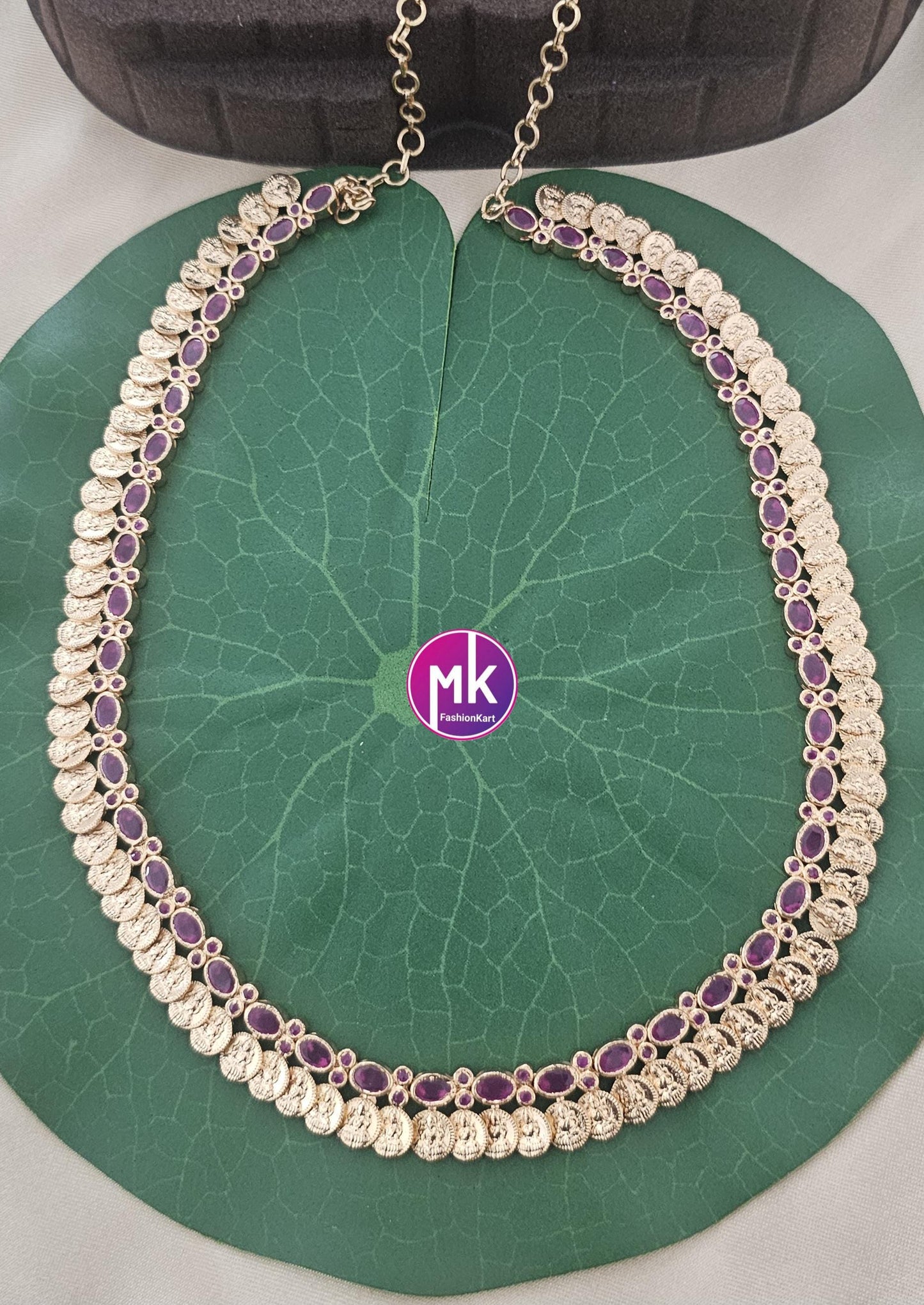 Premium quality Lakshmi Kasu Gold finish Ruby AD Stone Haram - Gold Haram Replica - Indian Fashion Jewelry - MK Fashionkart