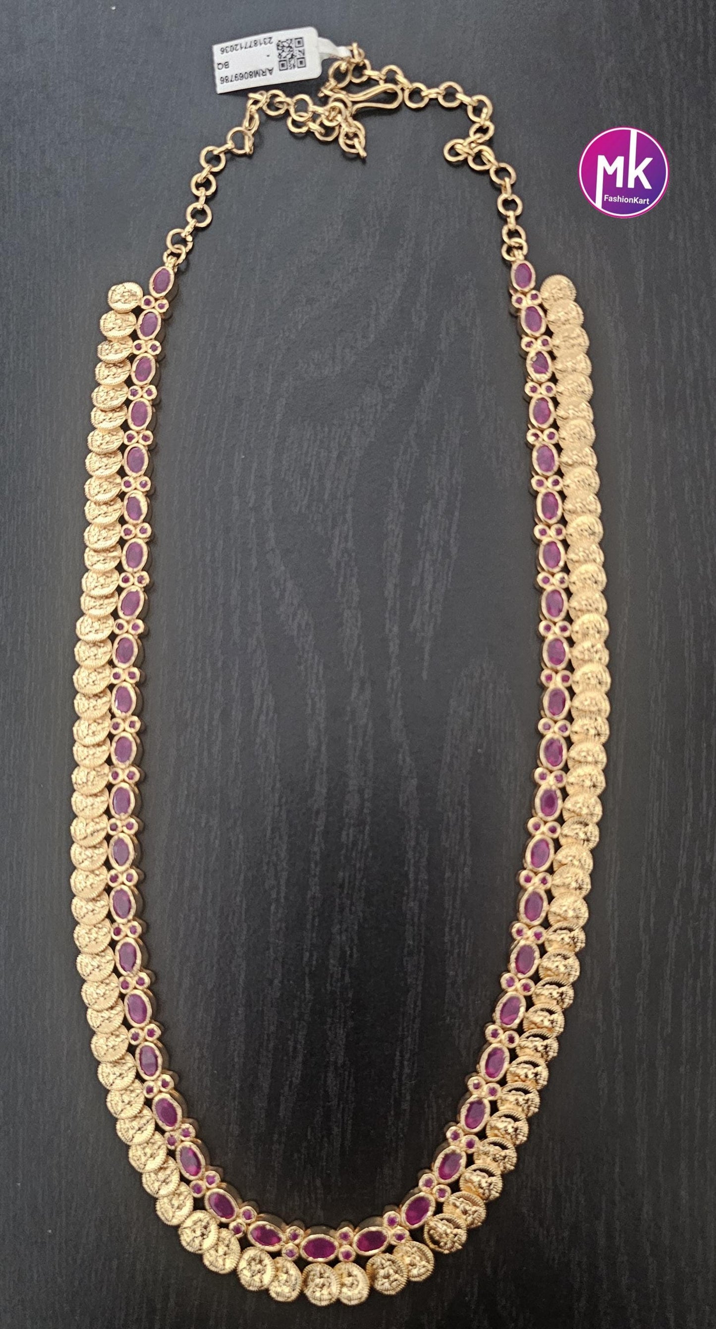 Premium quality Lakshmi Kasu Gold finish Ruby AD Stone Haram - Gold Haram Replica - Indian Fashion Jewelry - MK Fashionkart