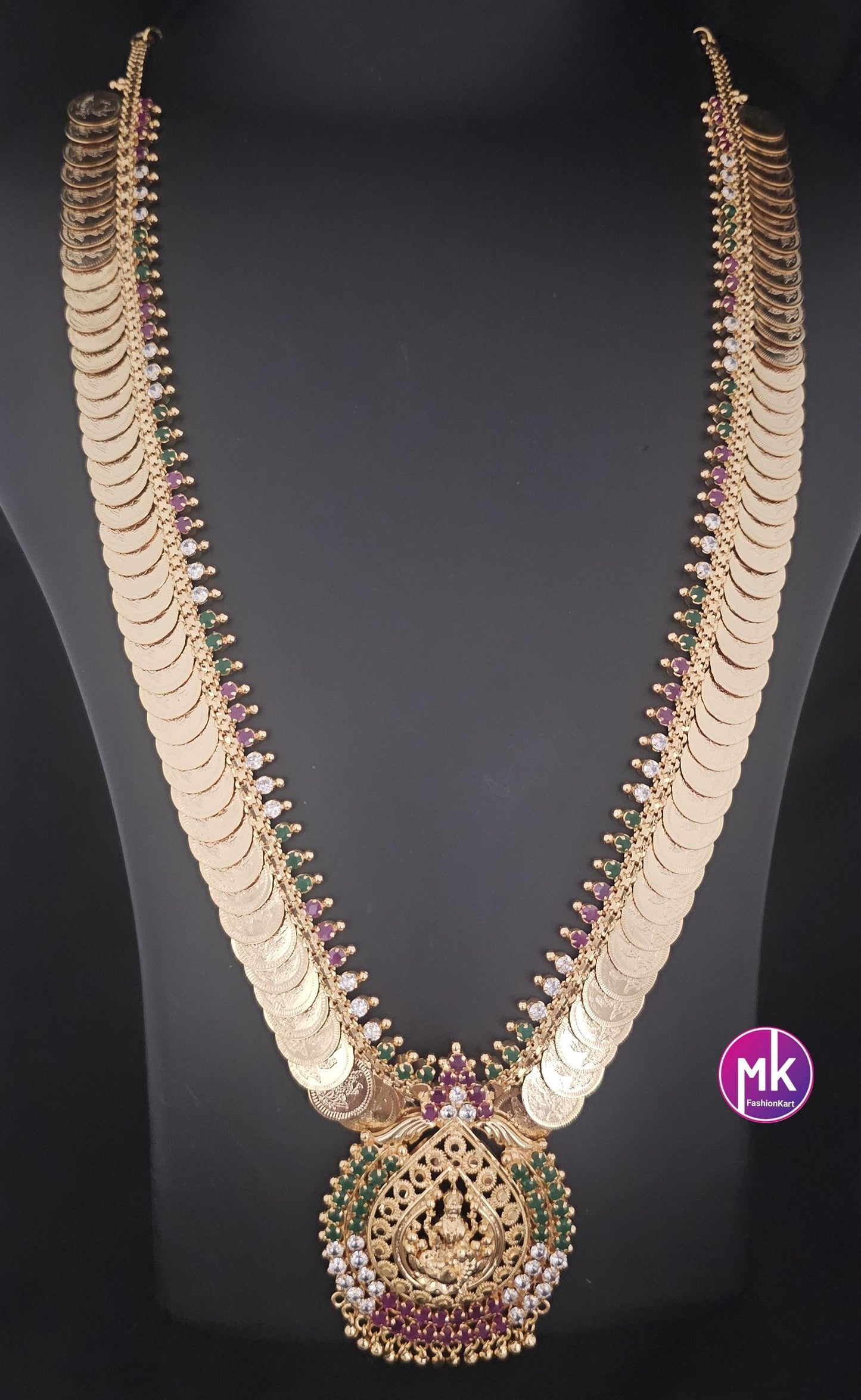 Premium quality Lakshmi Kasu Gold finish Multi-color AD Stone Haram - Gold Haram Replica - Indian Fashion Jewelry - MK Fashionkart