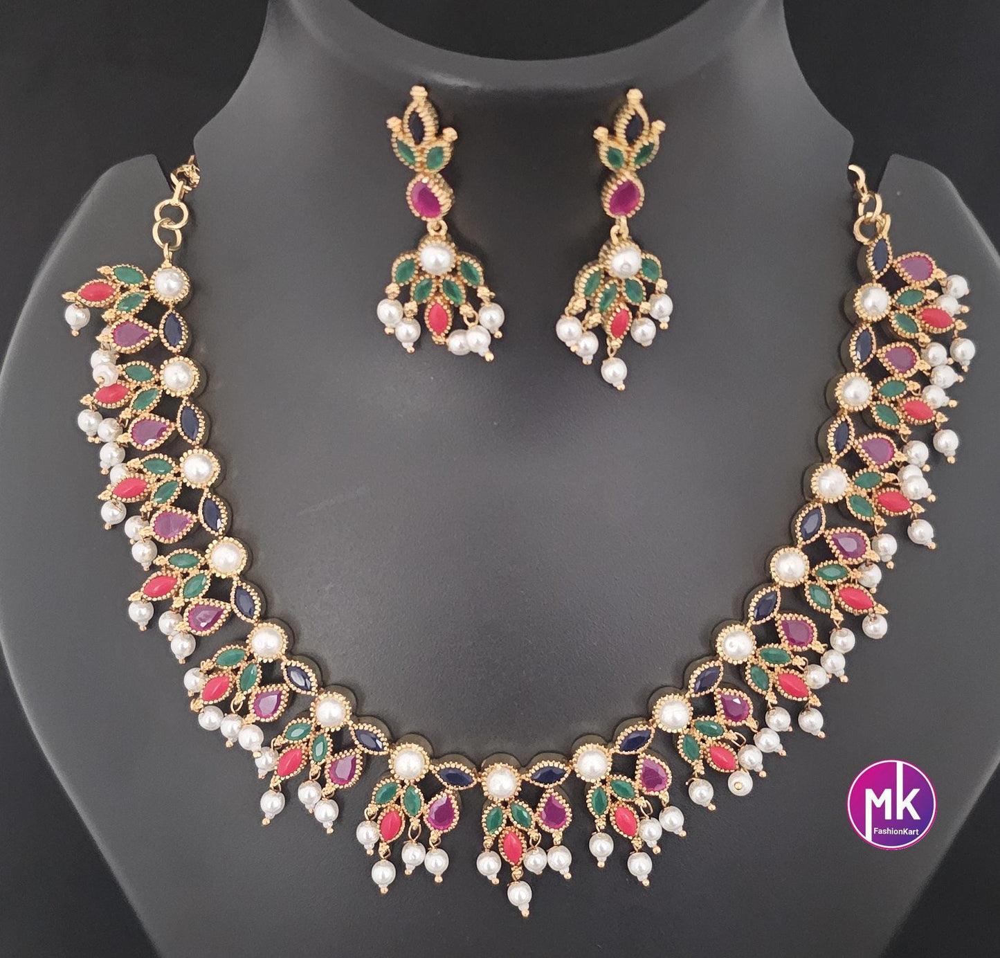 Beautiful Flower design AD stone Multi-color stone Bridal necklace with hanging pearls matching Earrings - Fashion Jewelry - MK Fashionkart