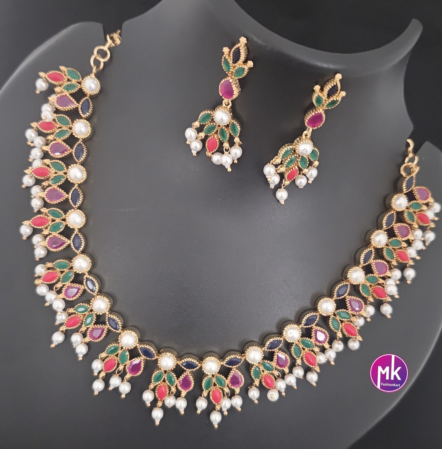 Beautiful Flower design AD stone Multi-color stone Bridal necklace with hanging pearls matching Earrings - Fashion Jewelry - MK Fashionkart