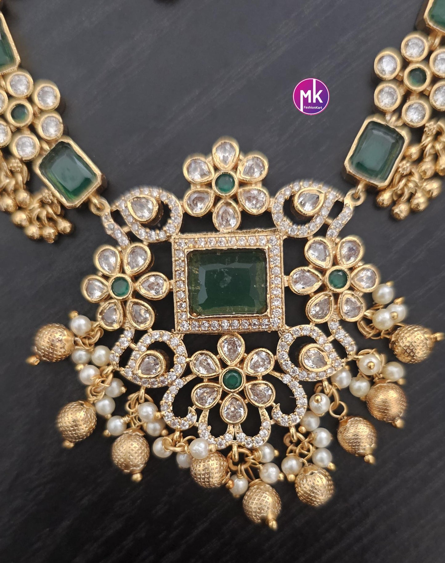 Emerald AD Stone Flower design Premium matte gold finish necklace w matching Earrings - Bridal Necklace - Fashion Jewelry - MK Fashionkart