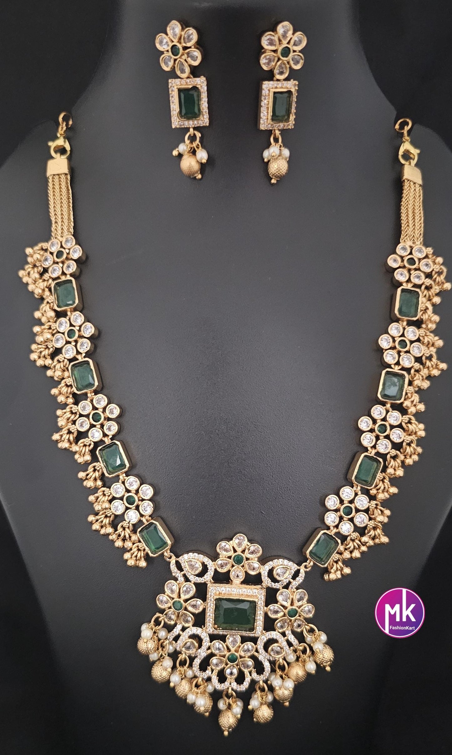Emerald AD Stone Flower design Premium matte gold finish necklace w matching Earrings - Bridal Necklace - Fashion Jewelry - MK Fashionkart