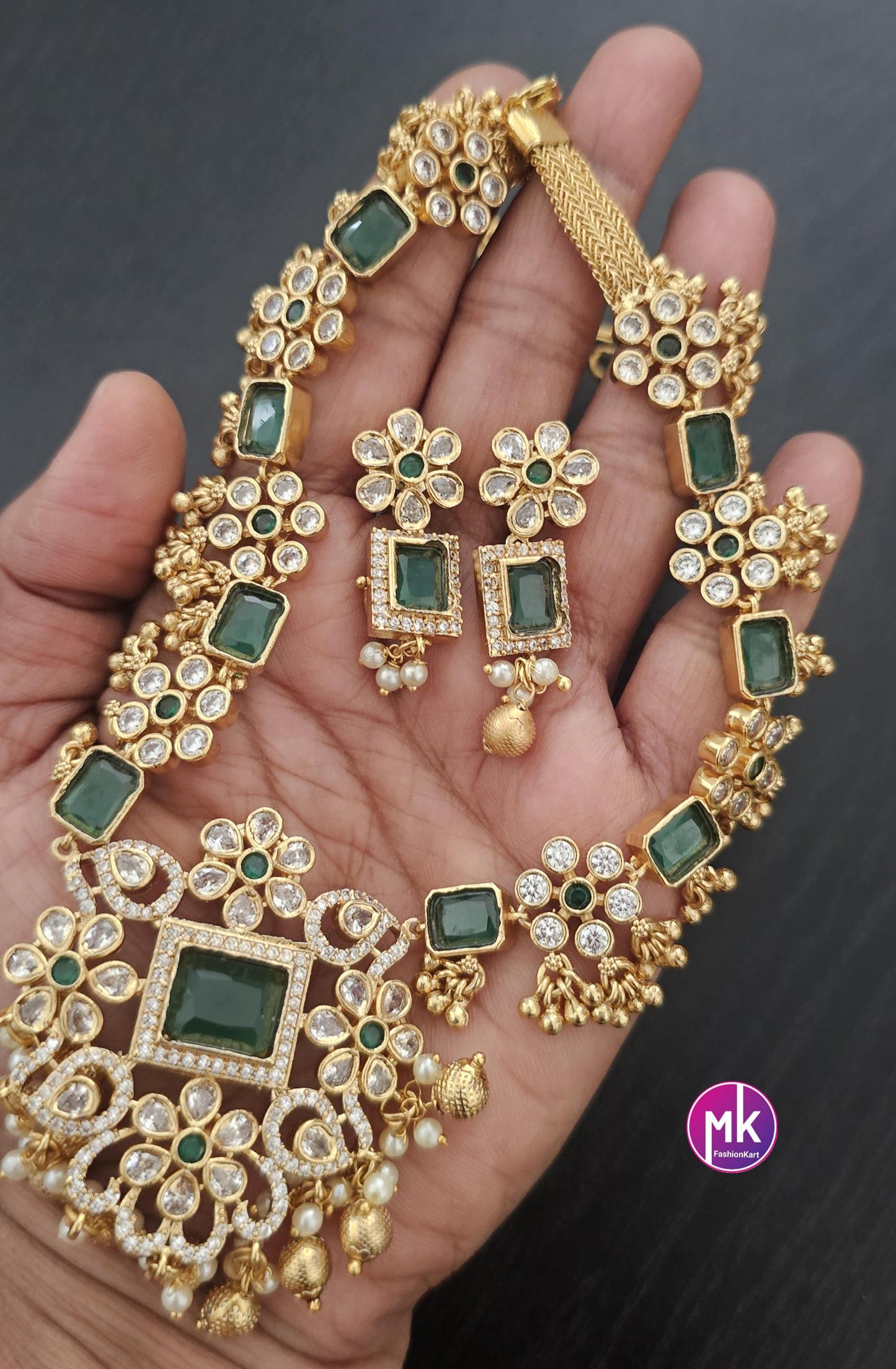 Emerald AD Stone Flower design Premium matte gold finish necklace w matching Earrings - Bridal Necklace - Fashion Jewelry - MK Fashionkart