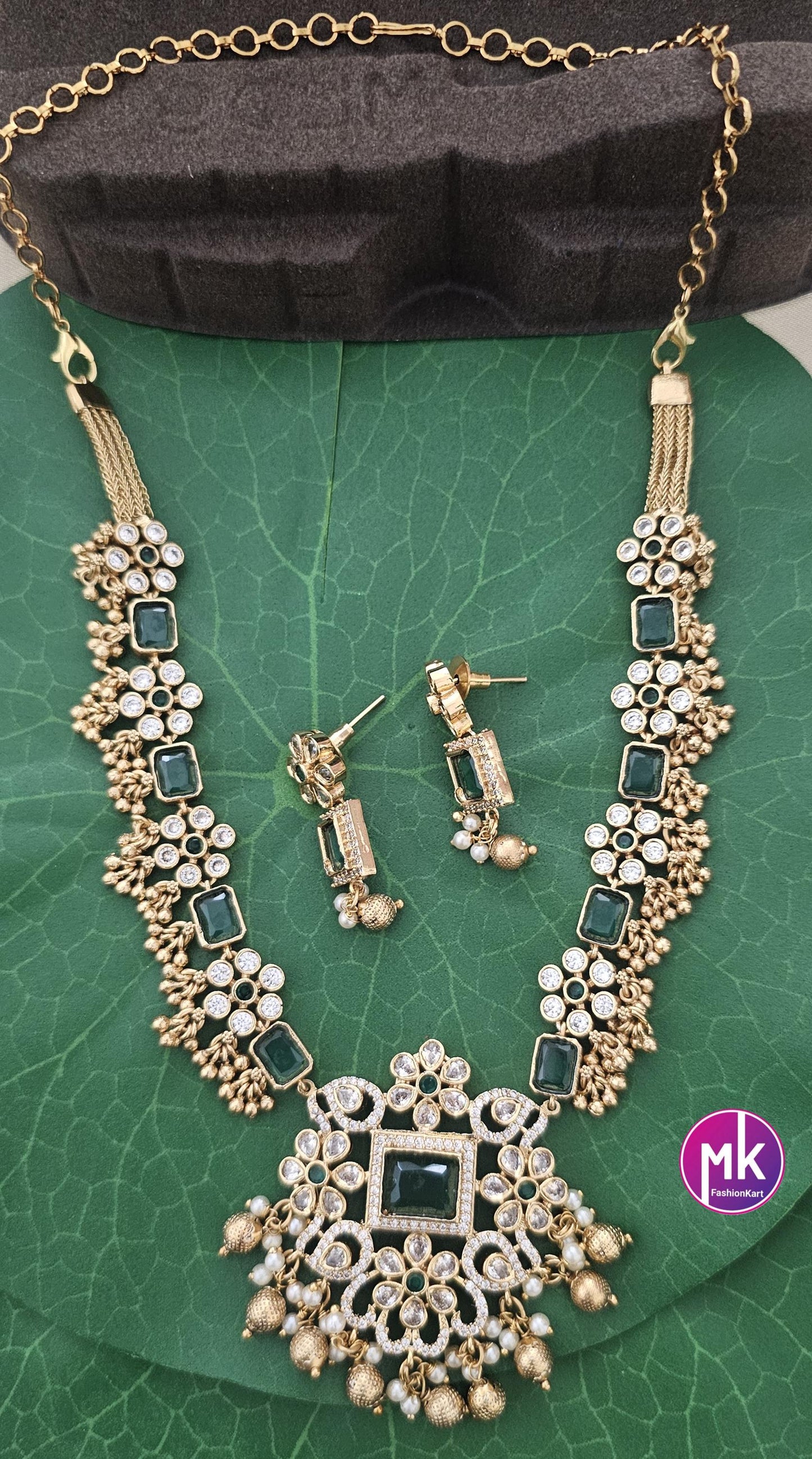 Emerald AD Stone Flower design Premium matte gold finish necklace w matching Earrings - Bridal Necklace - Fashion Jewelry - MK Fashionkart