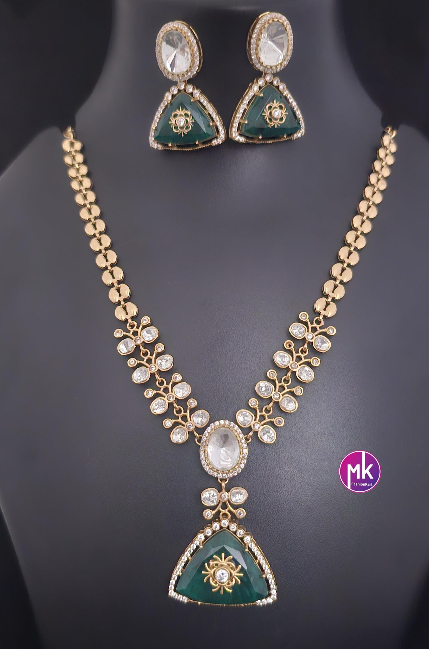 Celebrity Style Emerald Moissanite stone Premium antique gold finish necklace w matching Earrings - Fashion Jewelry - MK Fashionkart