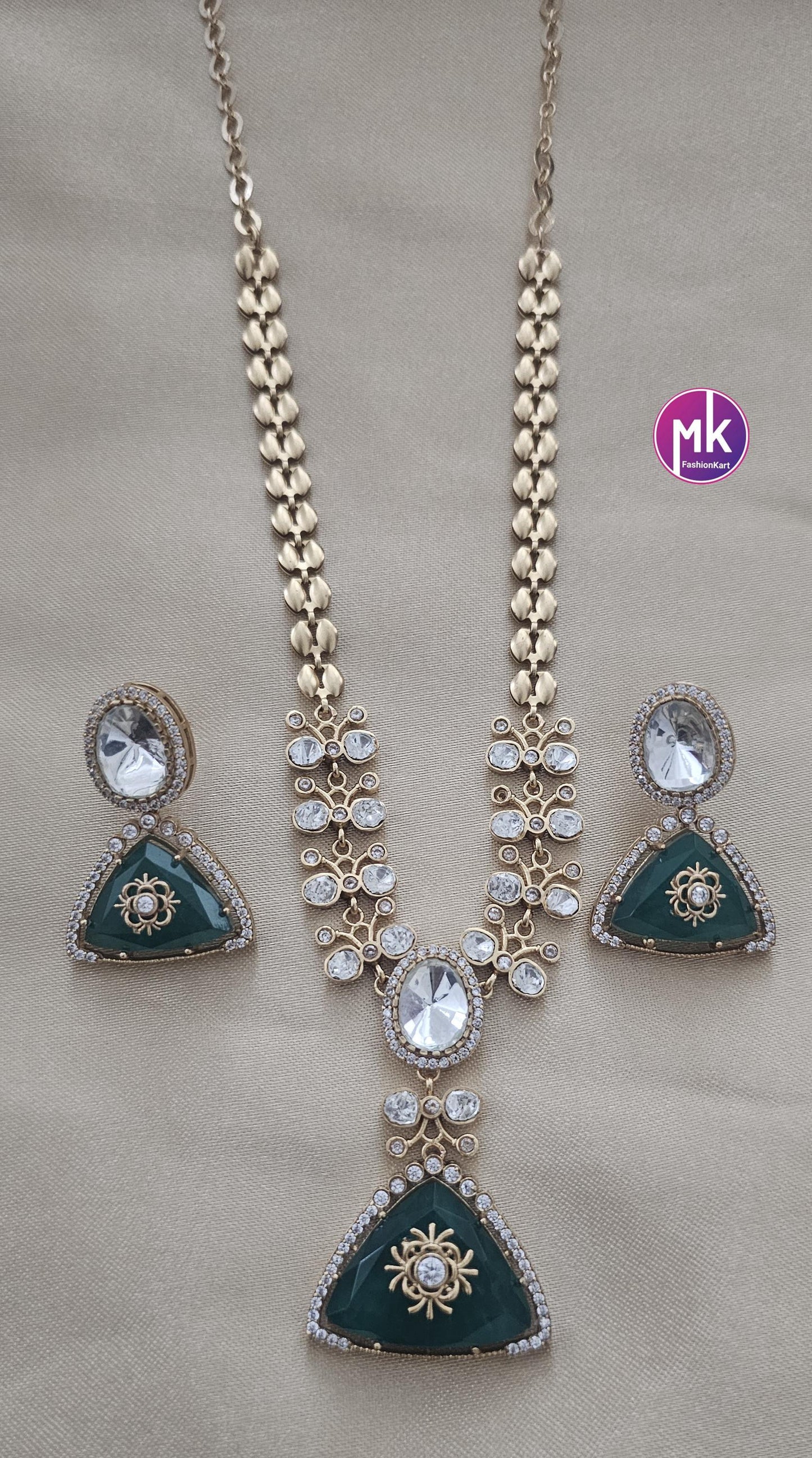 Celebrity Style Emerald Moissanite stone Premium antique gold finish necklace w matching Earrings - Fashion Jewelry - MK Fashionkart