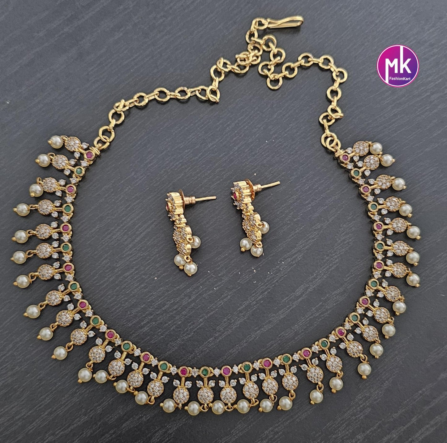 Premium Gold Finish AD stone Necklace with hanging pearls and matching Earrings - Mom Daughter Necklace - Fashion Jewelry - MK Fashionkart