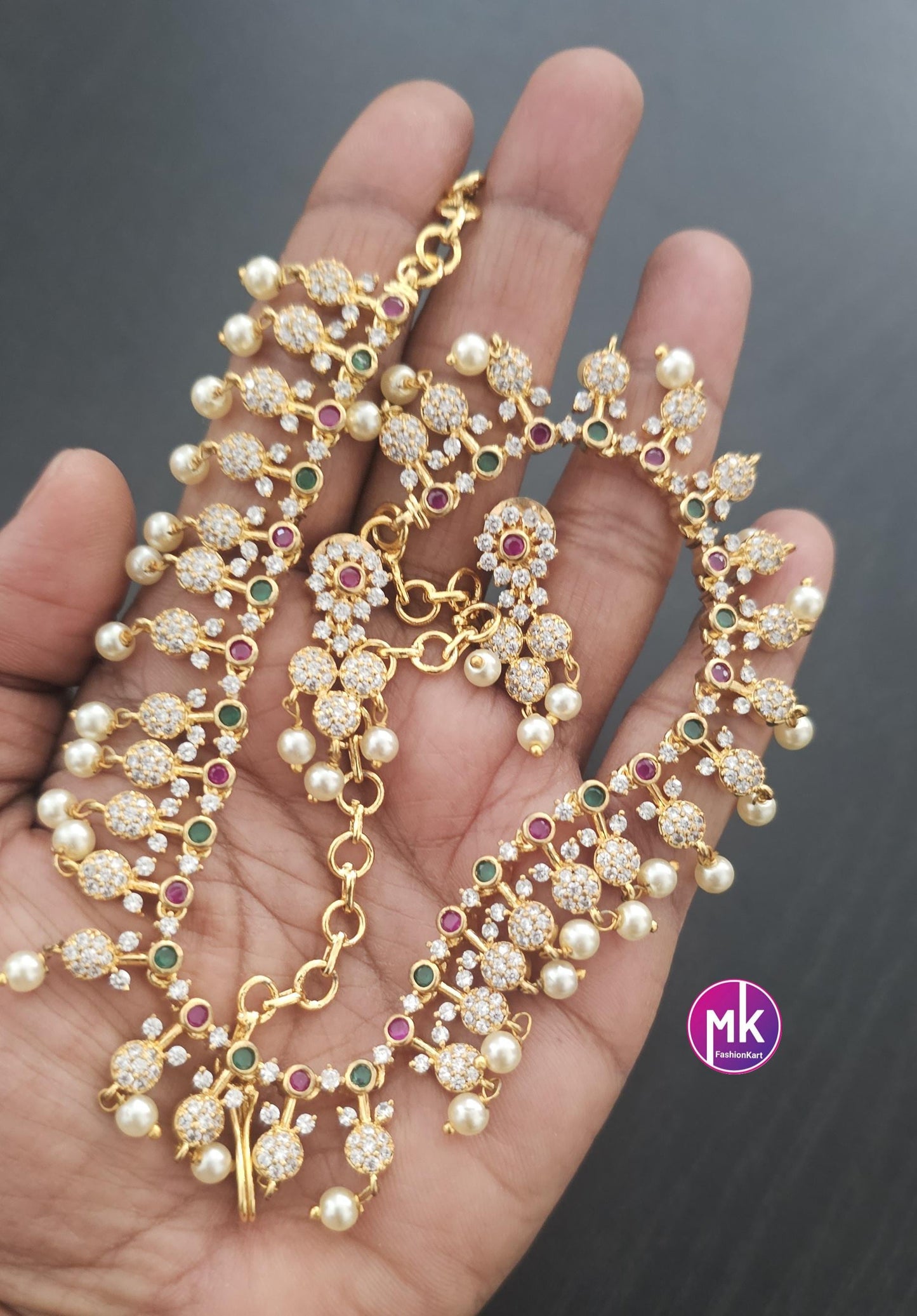 Premium Gold Finish AD stone Necklace with hanging pearls and matching Earrings - Mom Daughter Necklace - Fashion Jewelry - MK Fashionkart