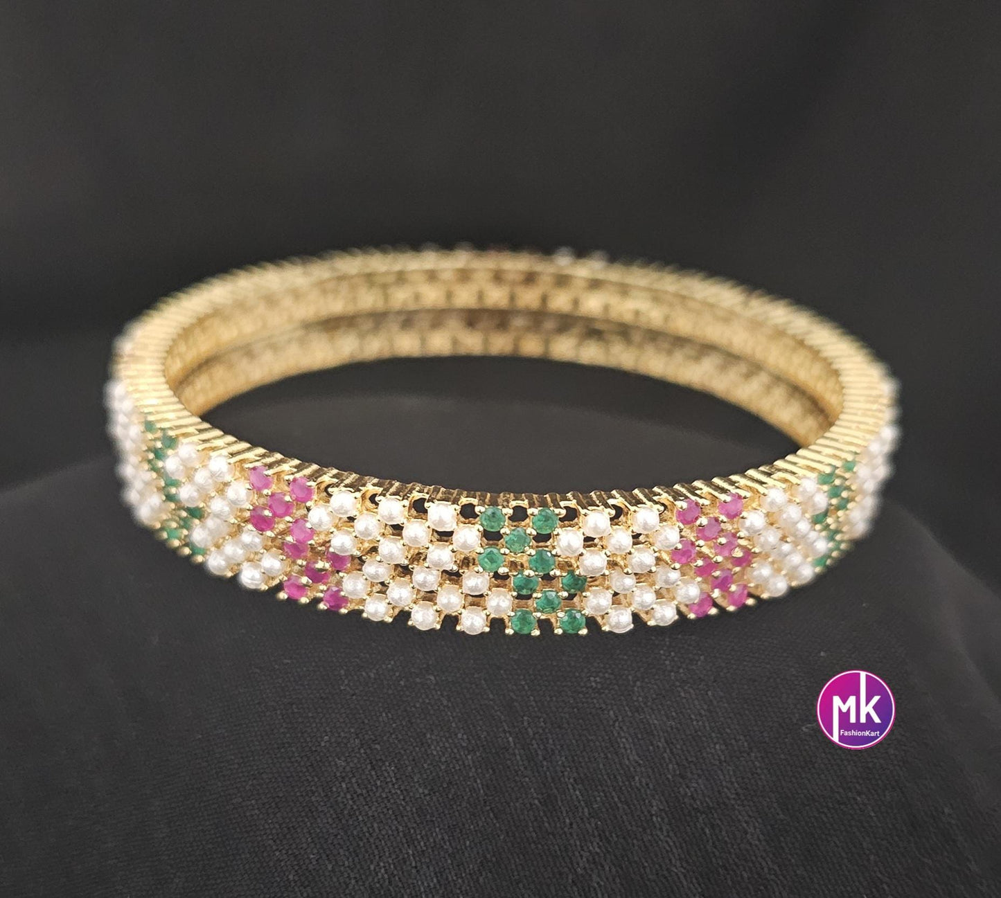 Gold Finish Hyderabad pearl bangles with AD stones - Set of 2 bangles - Size 2.4, 2.6, 2.8 - Women Bangles - Wedding bangle - MK Fashionkart