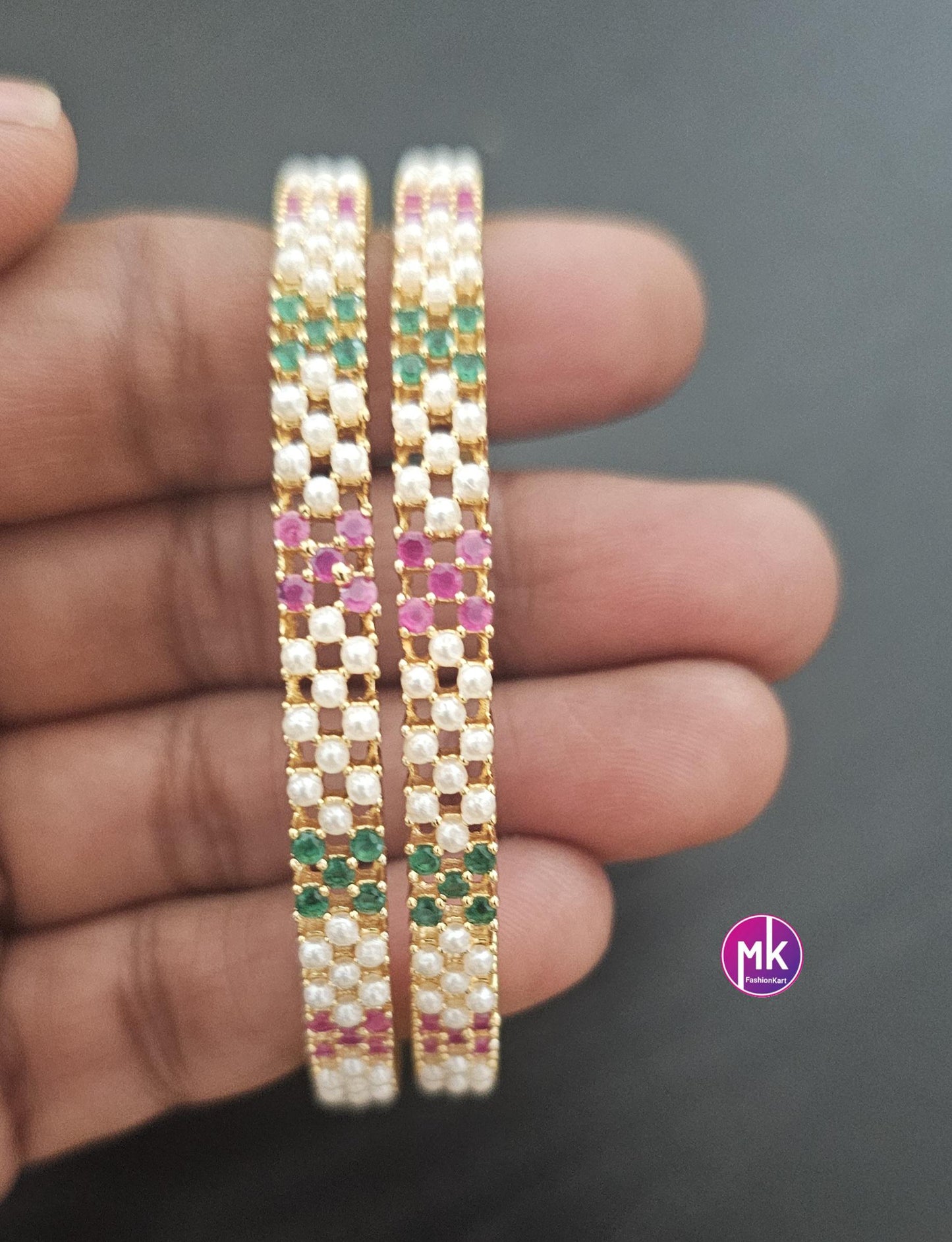 Gold Finish Hyderabad pearl bangles with AD stones - Set of 2 bangles - Size 2.4, 2.6, 2.8 - Women Bangles - Wedding bangle - MK Fashionkart