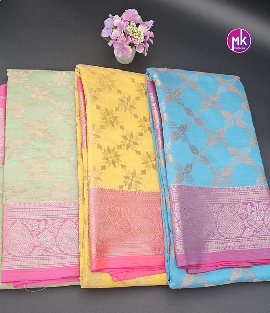 Floral Design Fancy Tissue Art Silk with Contrast pallu and Running blouse - Saree with running blouse - Partywear Saree - MK Fashionkart