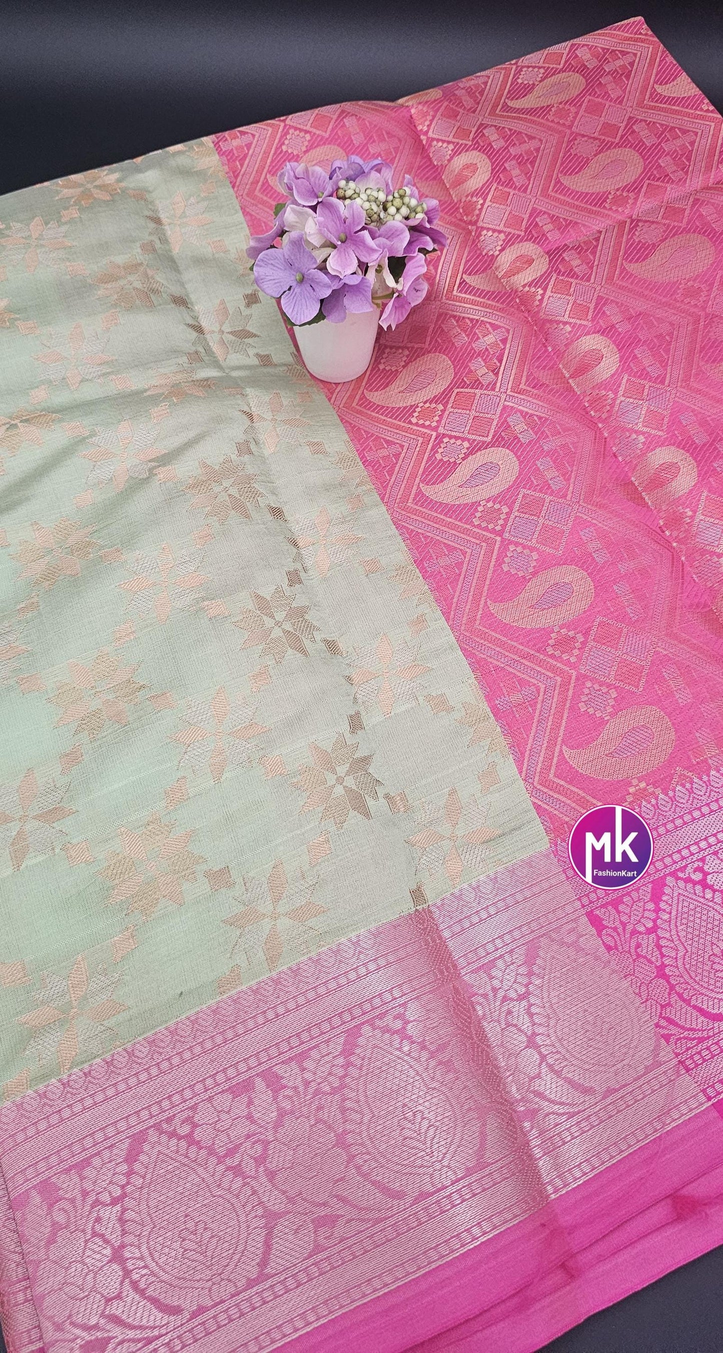 Floral Design Fancy Tissue Art Silk with Contrast pallu and Running blouse - Saree with running blouse - Partywear Saree - MK Fashionkart