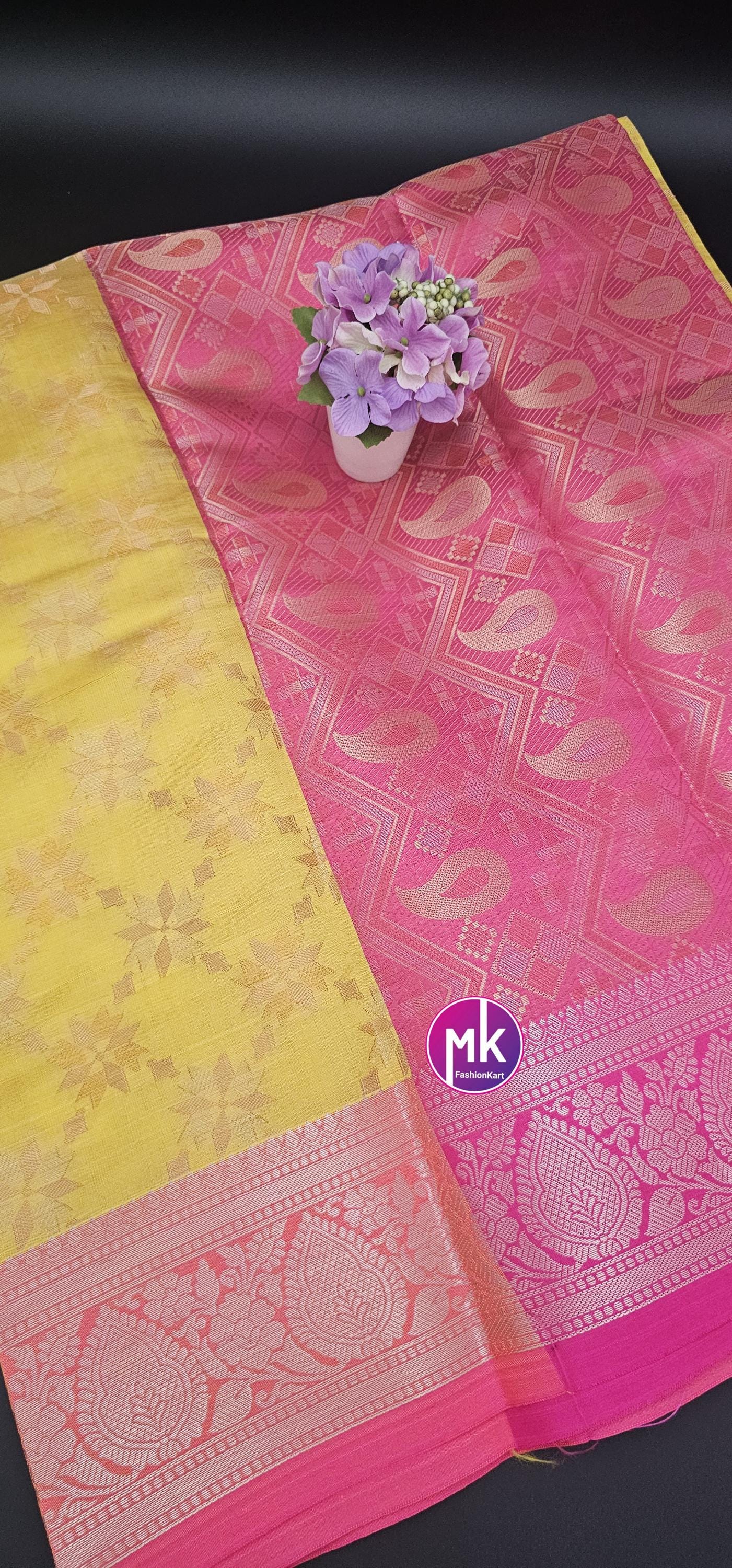 Floral Design Fancy Tissue Art Silk with Contrast pallu and Running blouse - Saree with running blouse - Partywear Saree - MK Fashionkart