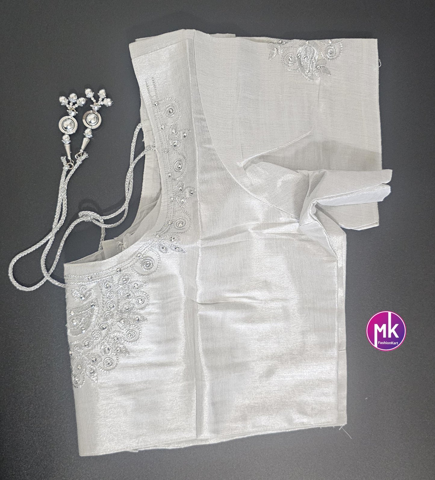 Silver Color Readymade Saree Blouse - Silk with Embroidery blouse - Size 42 - Saree/Lehenga Blouse - MK Fashionkart