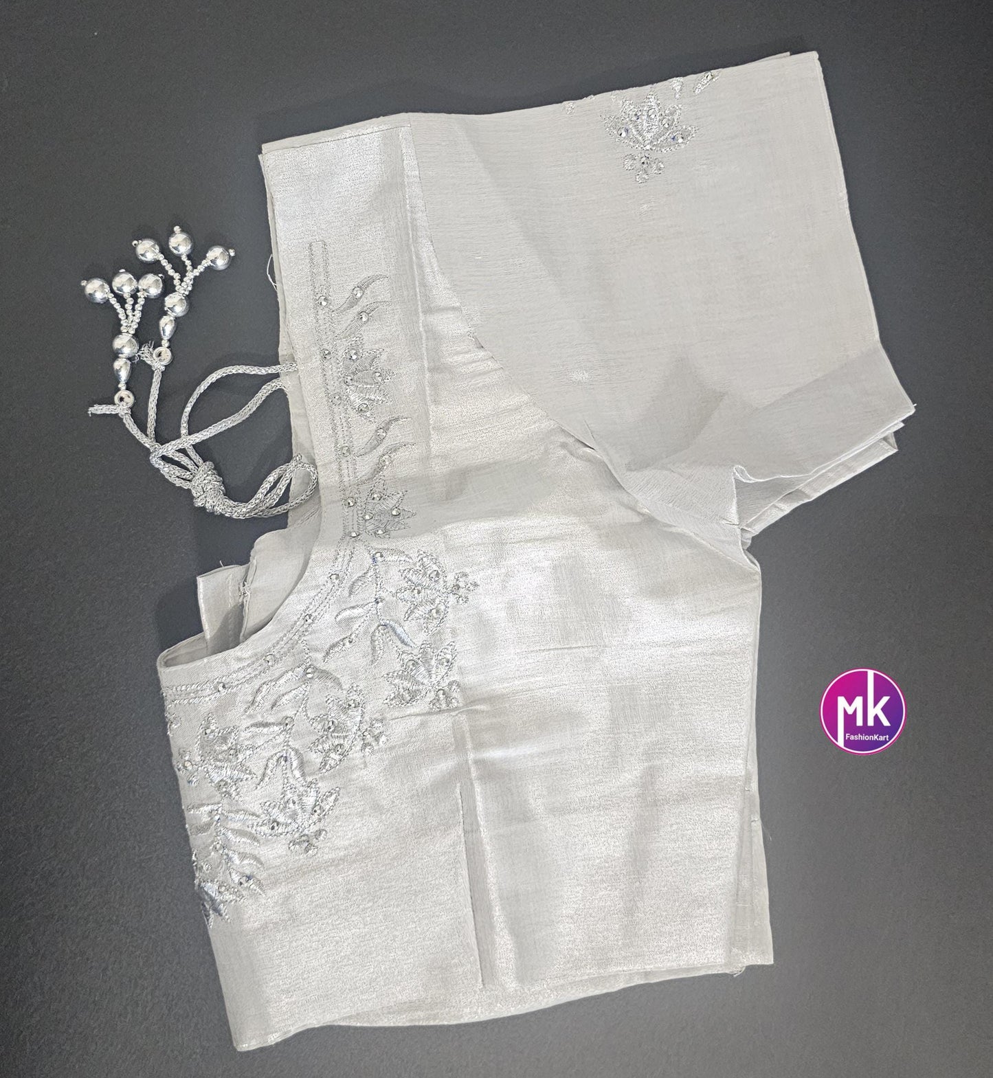 Silver Color Readymade Saree Blouse - Silk with Embroidery blouse - Size 42 - Saree/Lehenga Blouse - MK Fashionkart