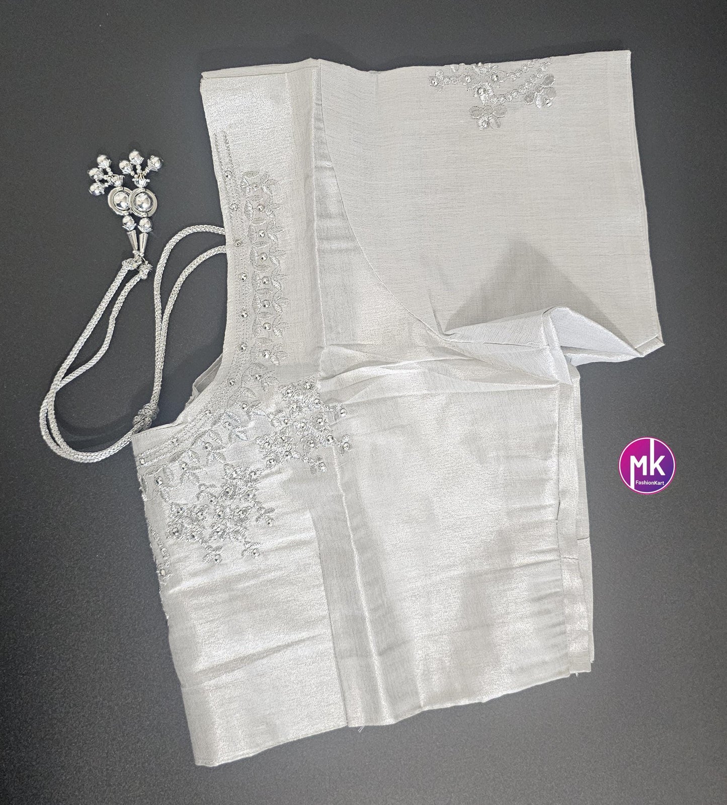 Silver Color Readymade Saree Blouse - Silk with Embroidery blouse - Size 42 - Saree/Lehenga Blouse - MK Fashionkart