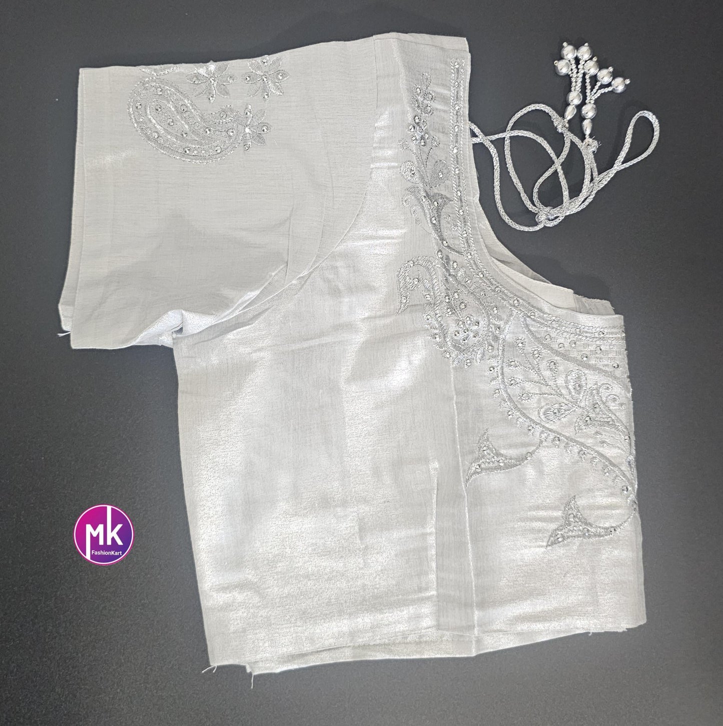 Silver Color Readymade Saree Blouse - Silk with Embroidery blouse - Size 44 - Saree/Lehenga Blouse - MK Fashionkart