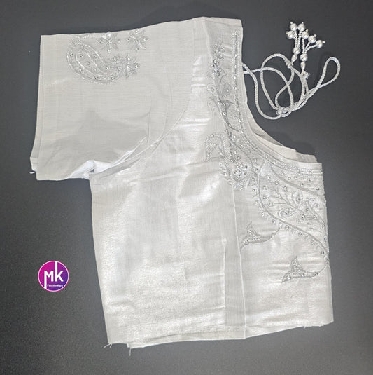 Silver Color Readymade Saree Blouse - Silk with Embroidery blouse - Size 44 - Saree/Lehenga Blouse - MK Fashionkart